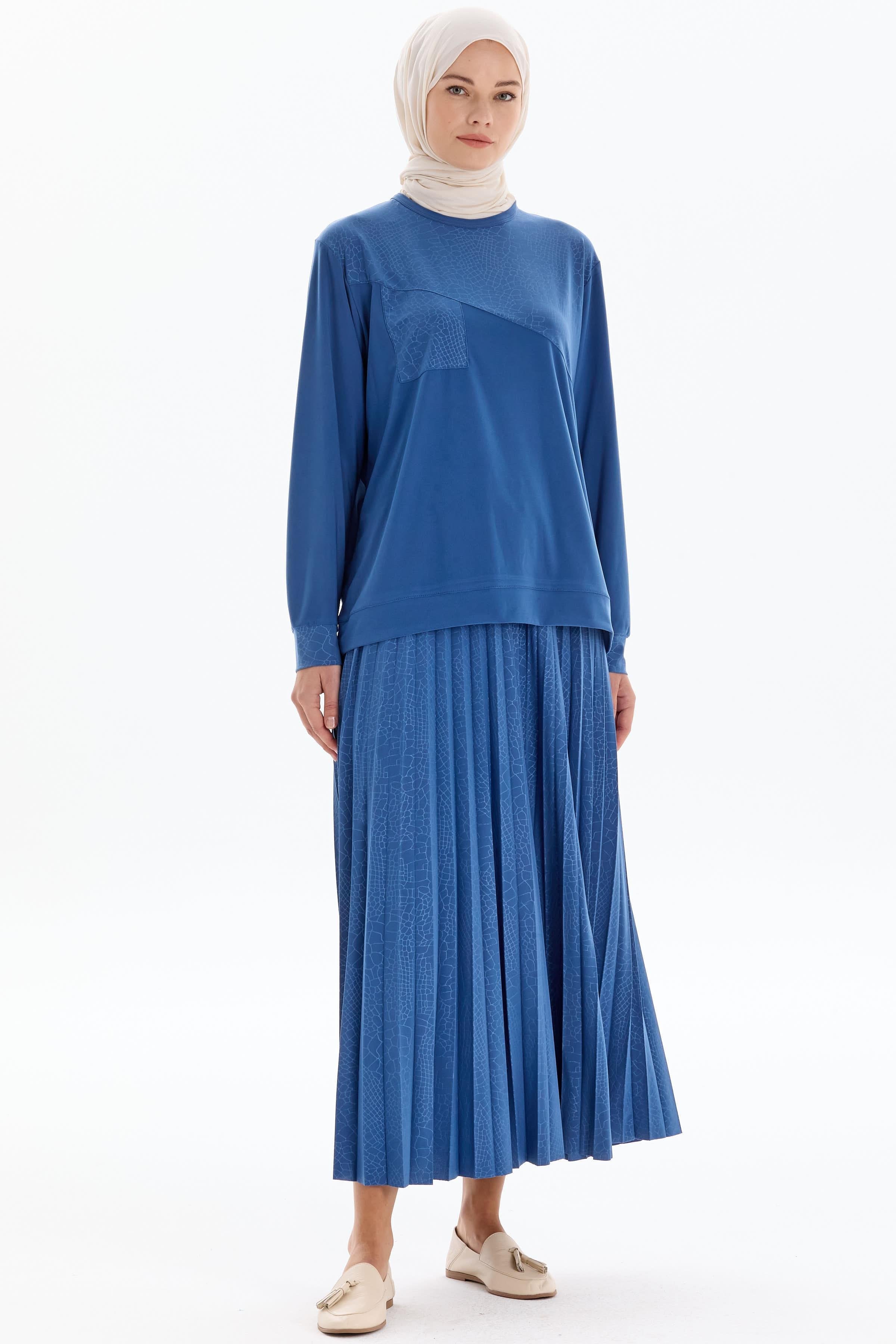 Garnili Bluz Etek Örme Takım - Mavi TUGBA