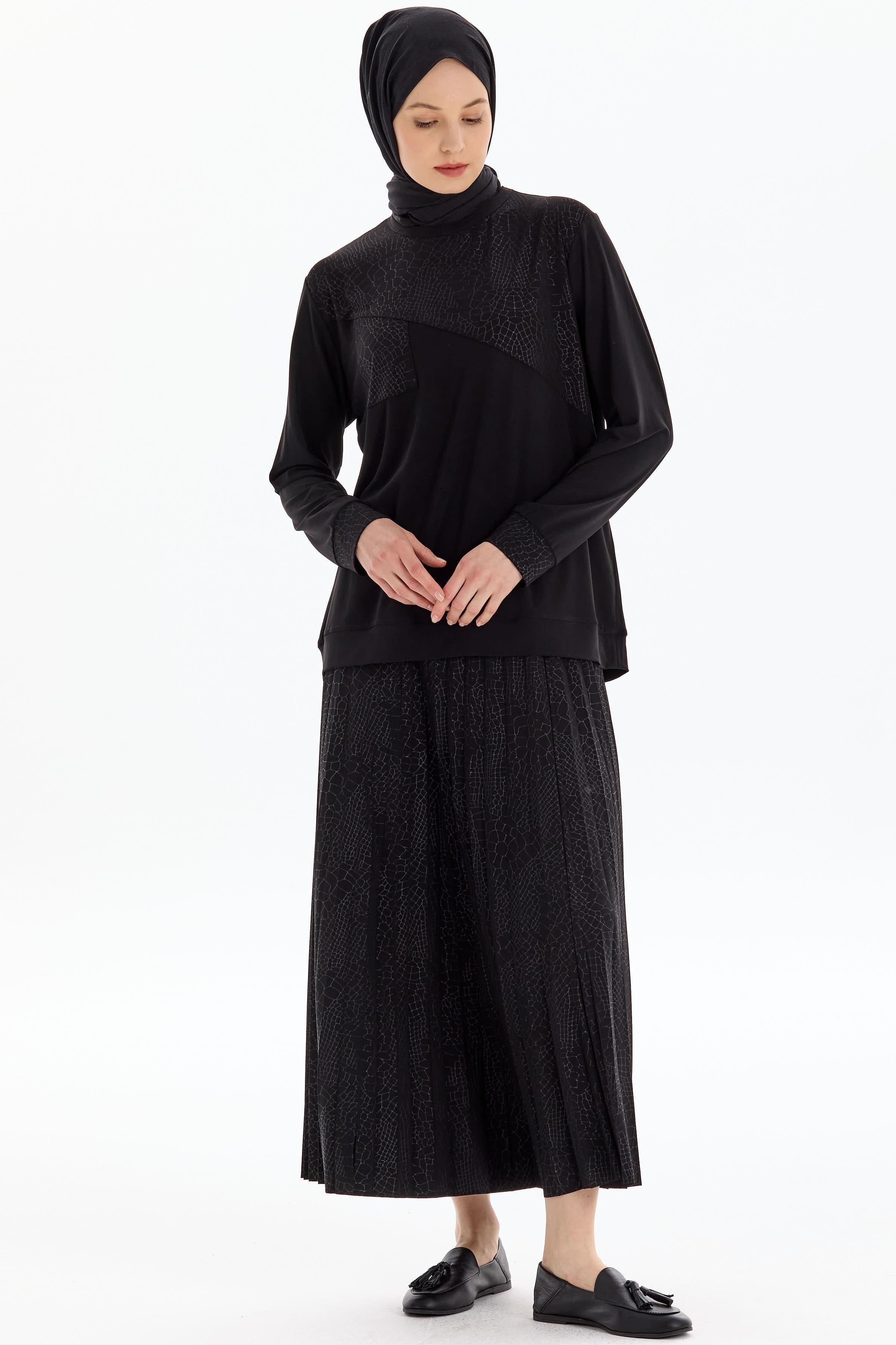 Garnili Bluz Etek Örme Takım - Siyah TUGBA