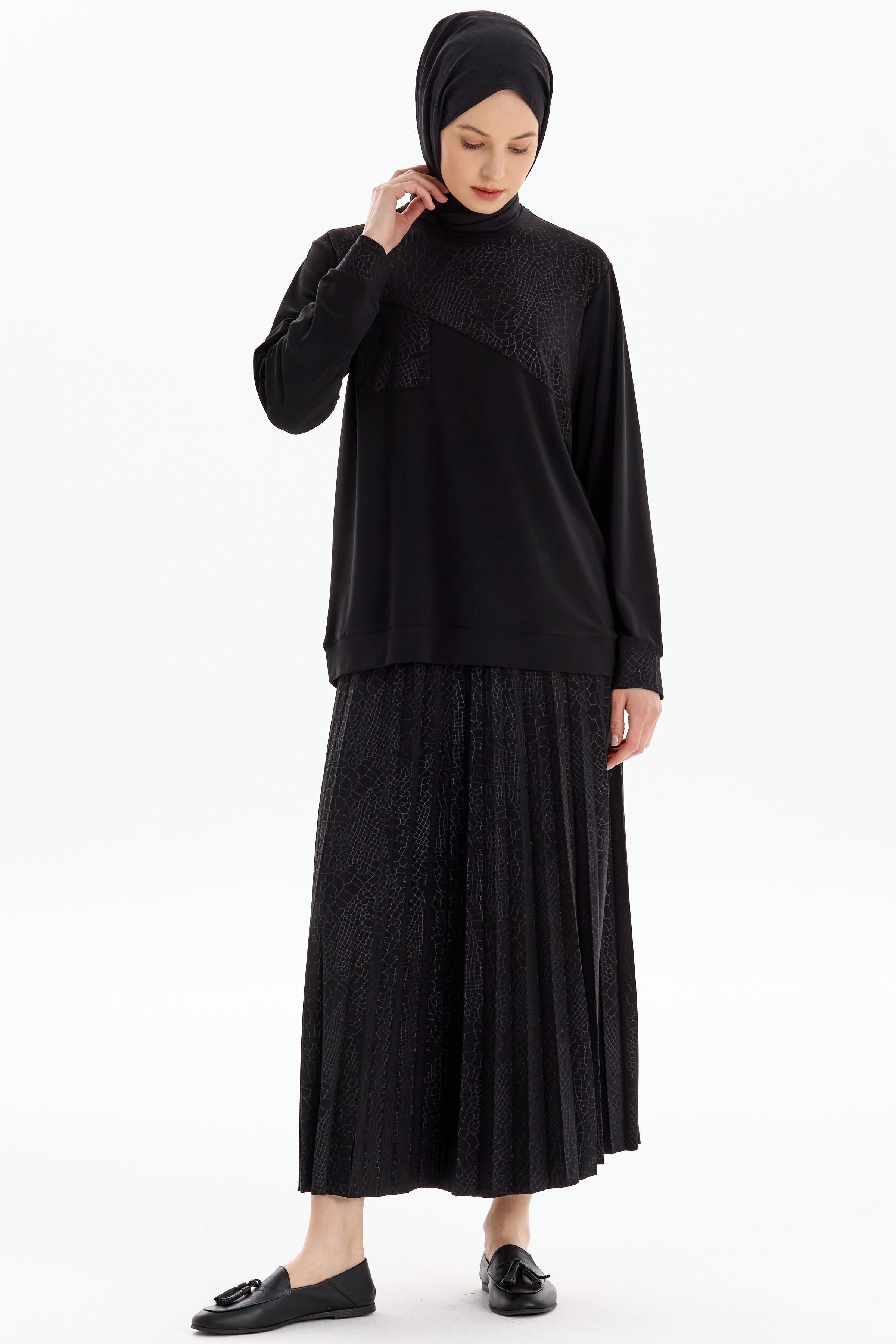 Garnili Bluz Etek Örme Takım - Siyah TUGBA