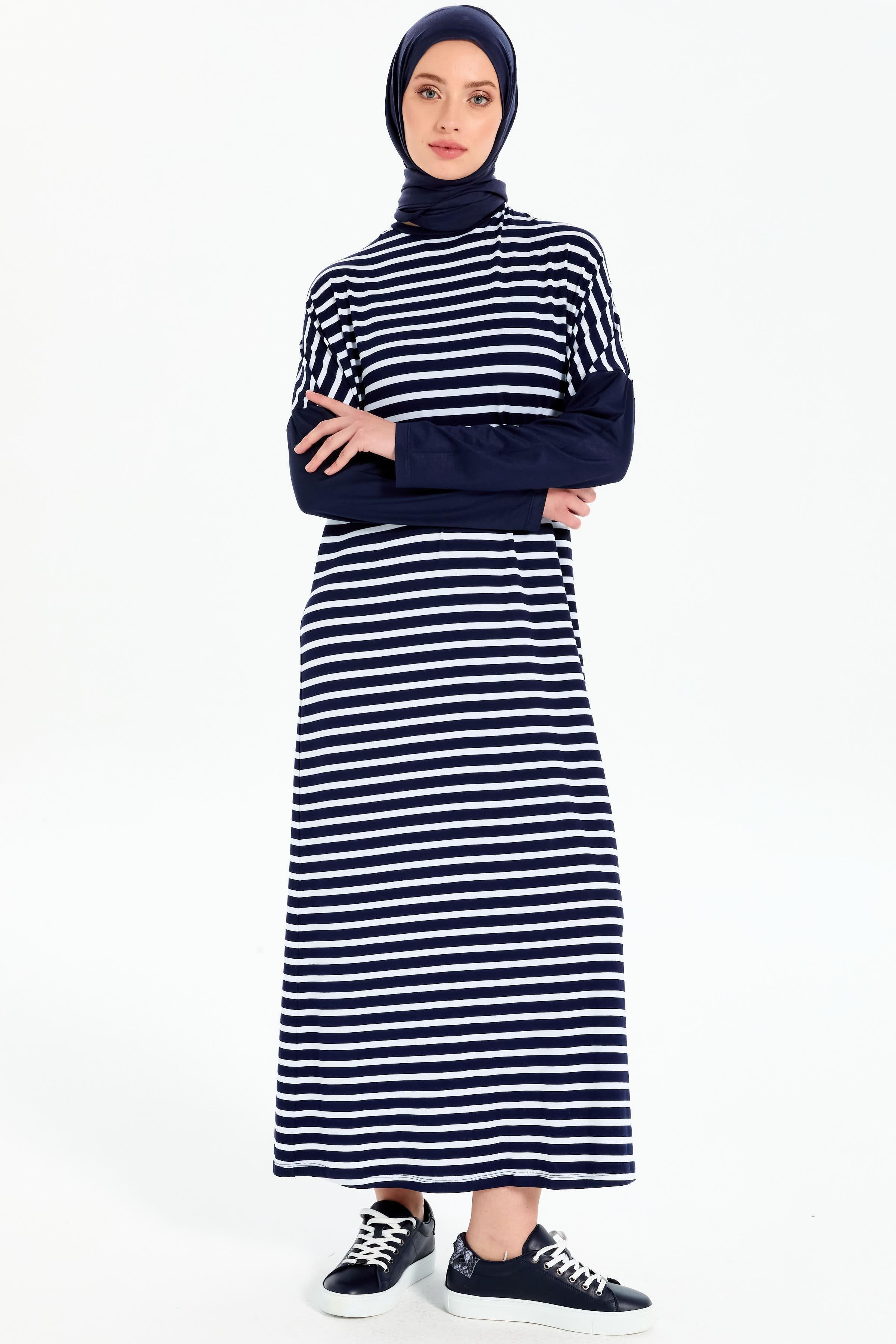 Garnili Çizgili Örme Elbise - Lacivert - Ekru TUGBA