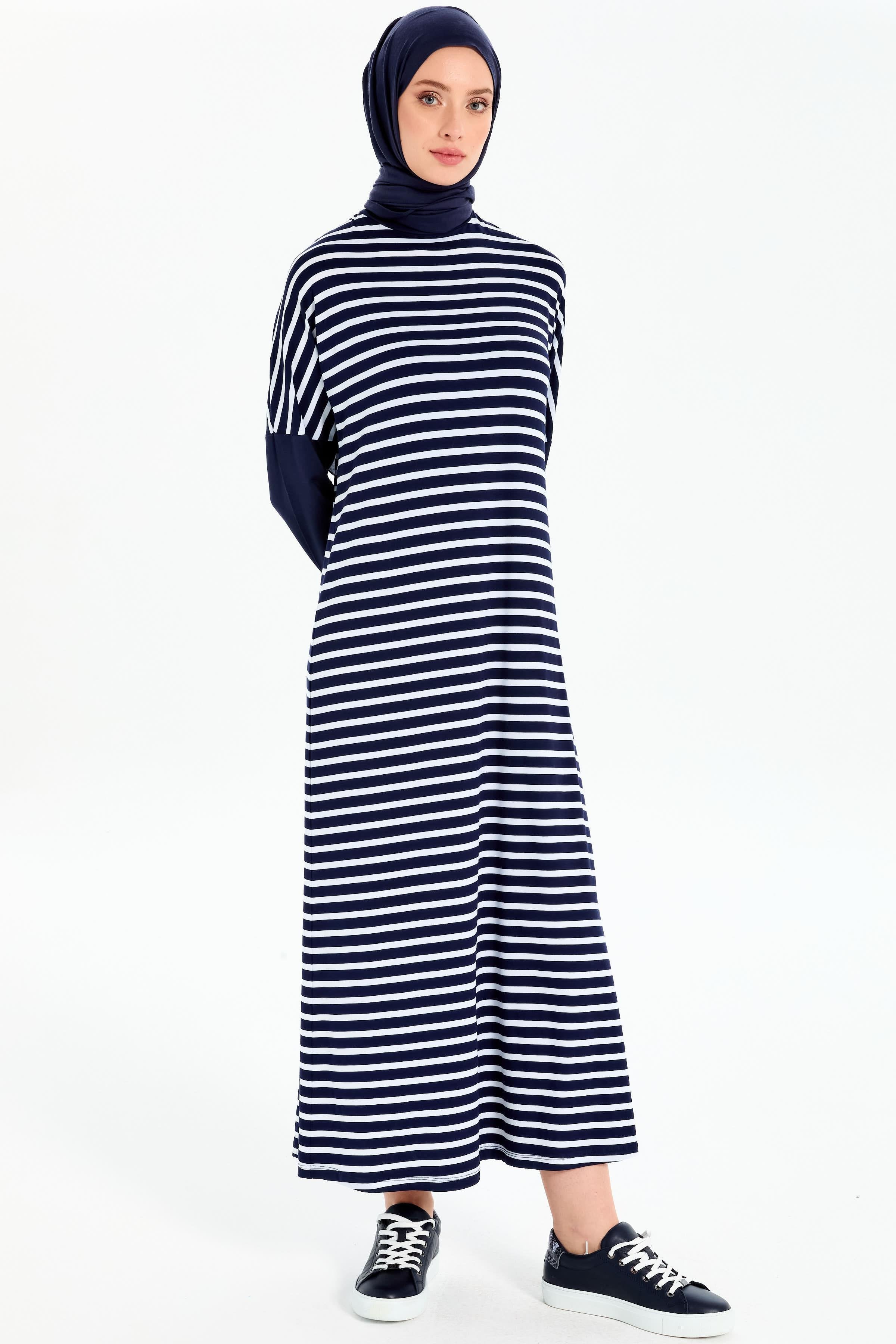 Garnili Çizgili Örme Elbise - Lacivert - Ekru TUGBA