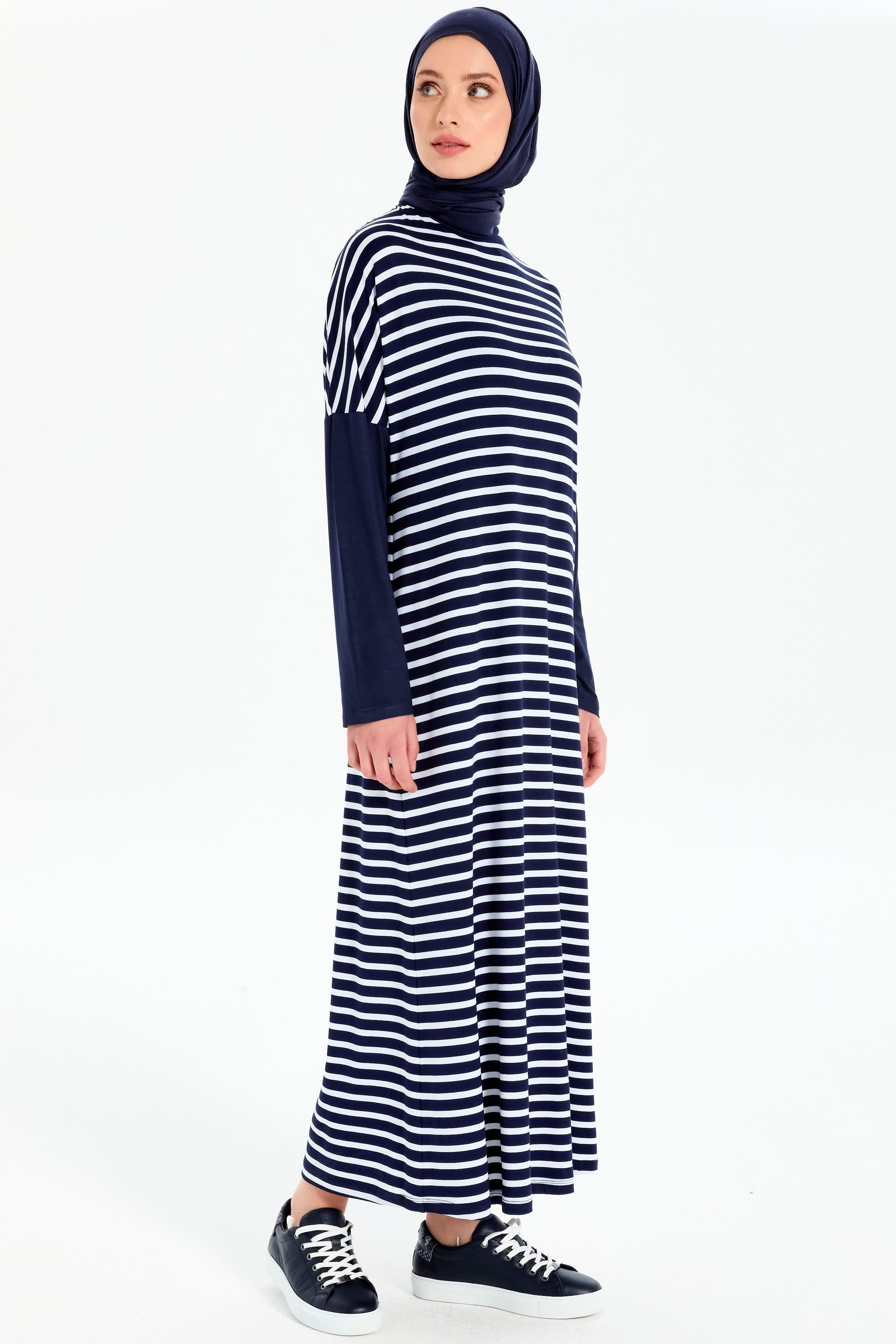 Garnili Çizgili Örme Elbise - Lacivert - Ekru TUGBA