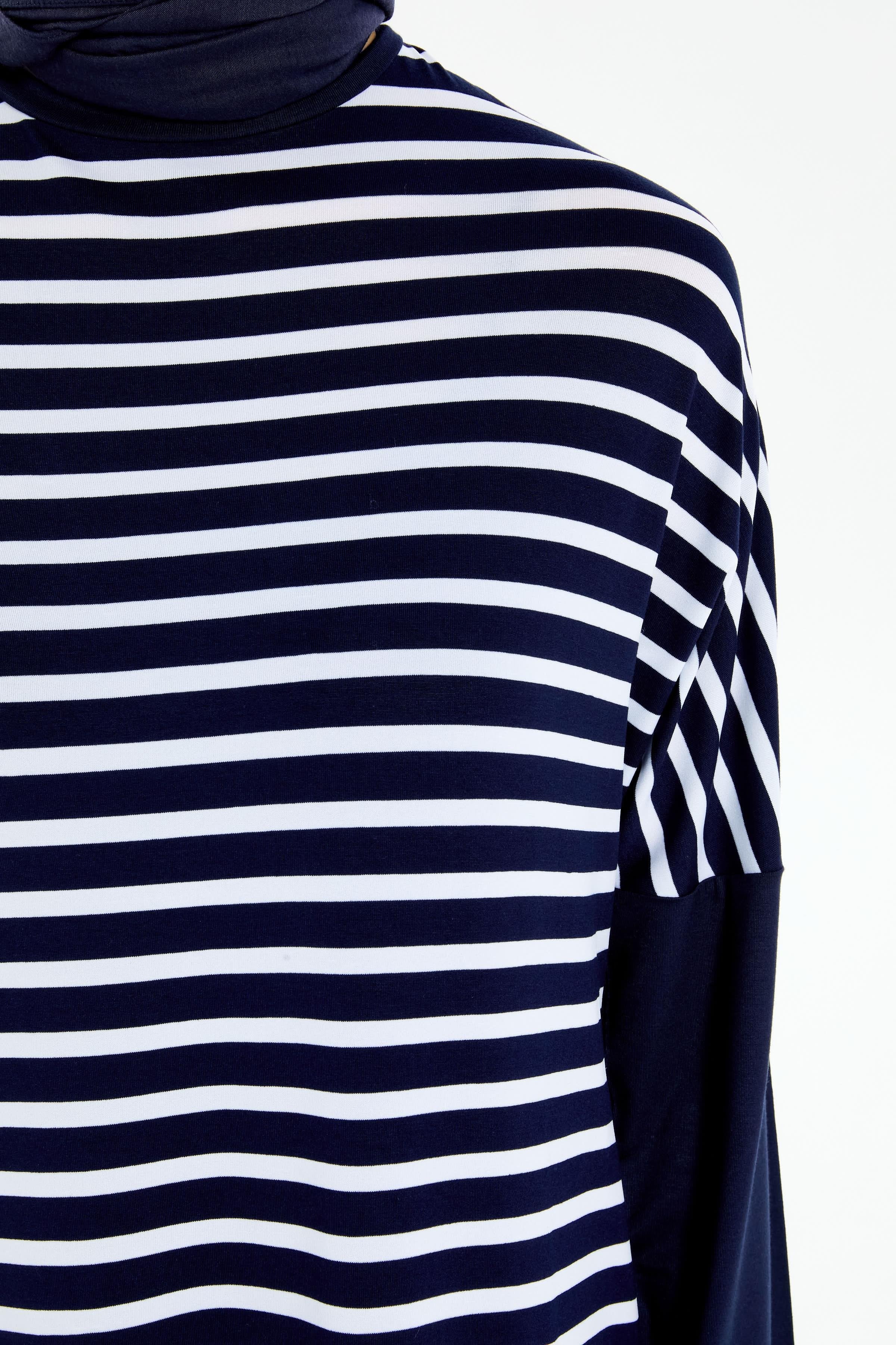 Garnili Çizgili Örme Elbise - Lacivert - Ekru TUGBA