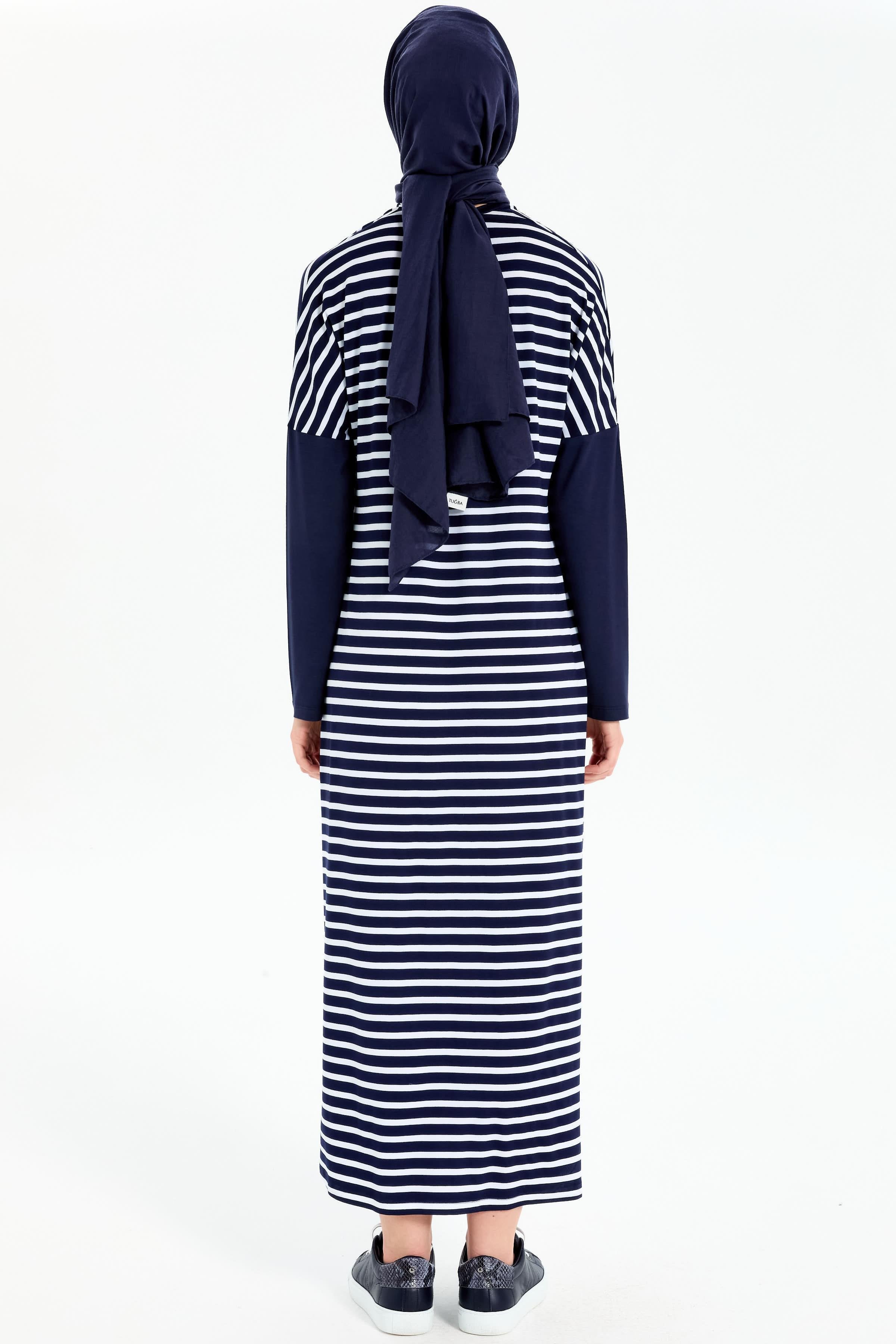 Garnili Çizgili Örme Elbise - Lacivert - Ekru TUGBA