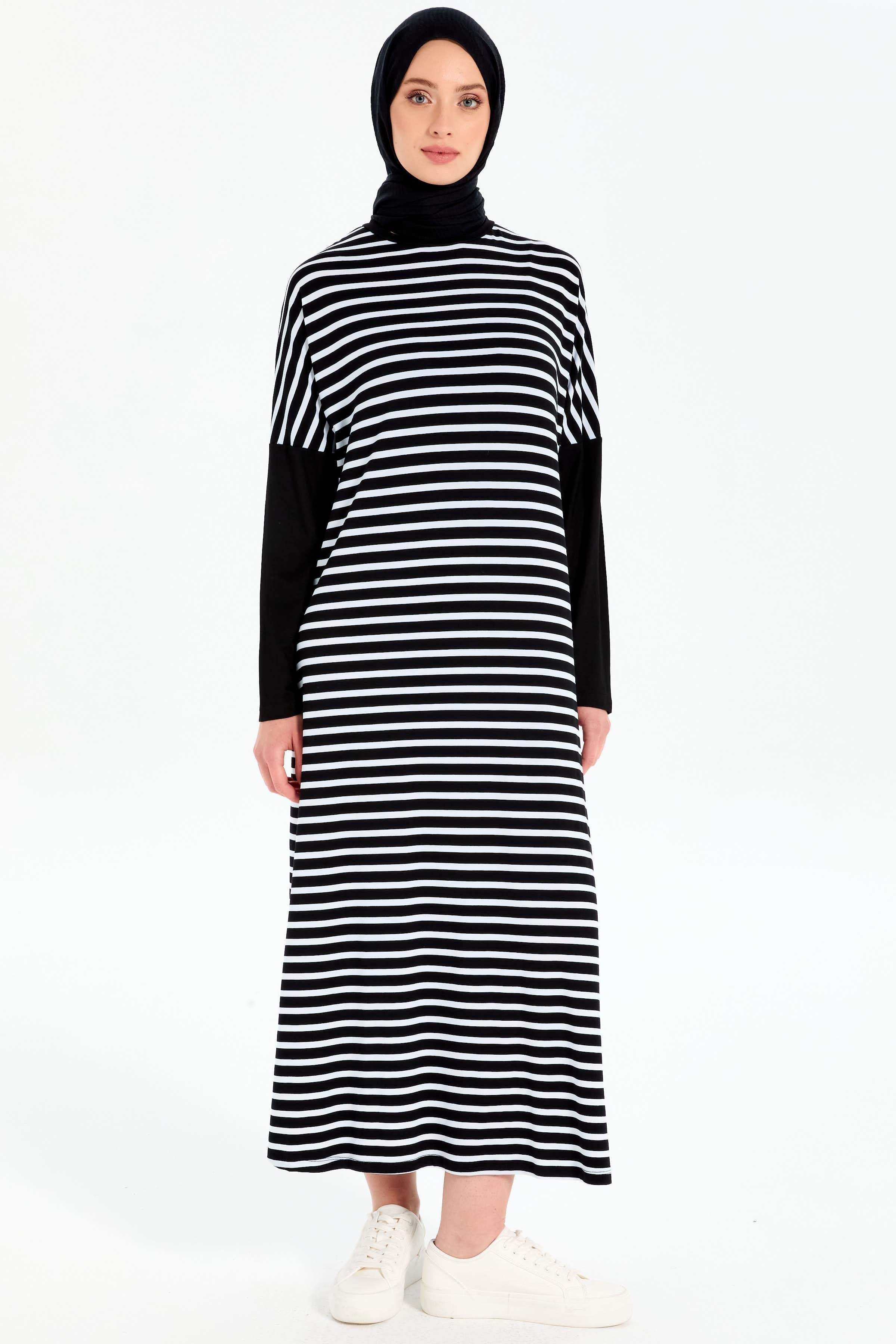 Garnili Çizgili Örme Elbise - Siyah - Ekru TUGBA