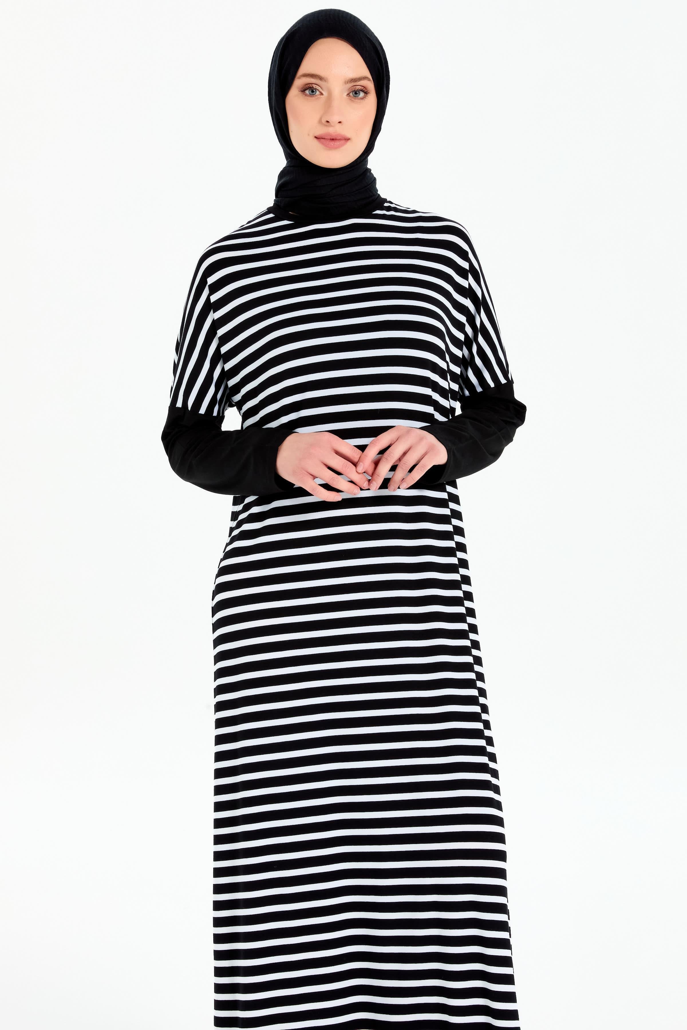 Garnili Çizgili Örme Elbise - Siyah - Ekru TUGBA