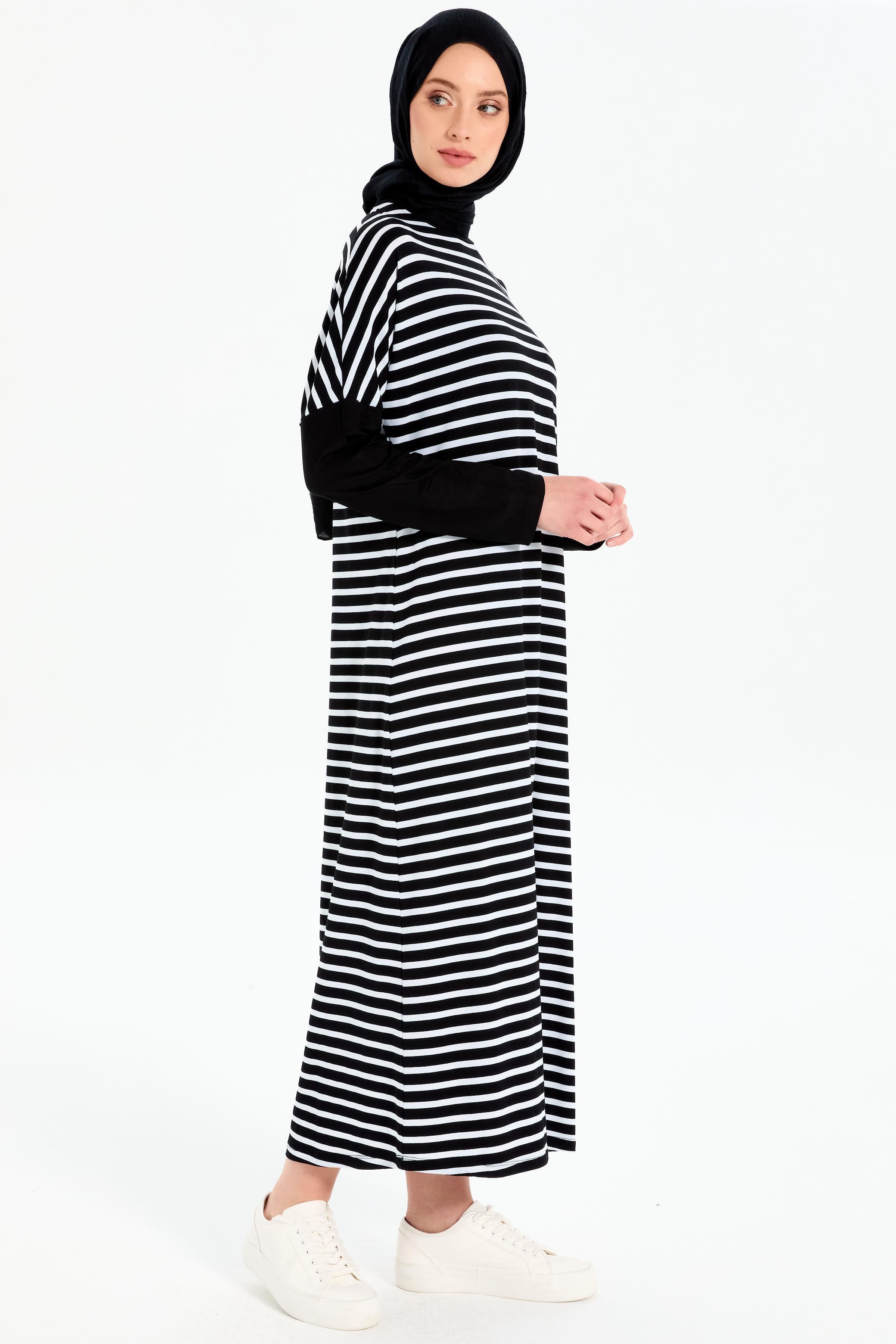 Garnili Çizgili Örme Elbise - Siyah - Ekru TUGBA