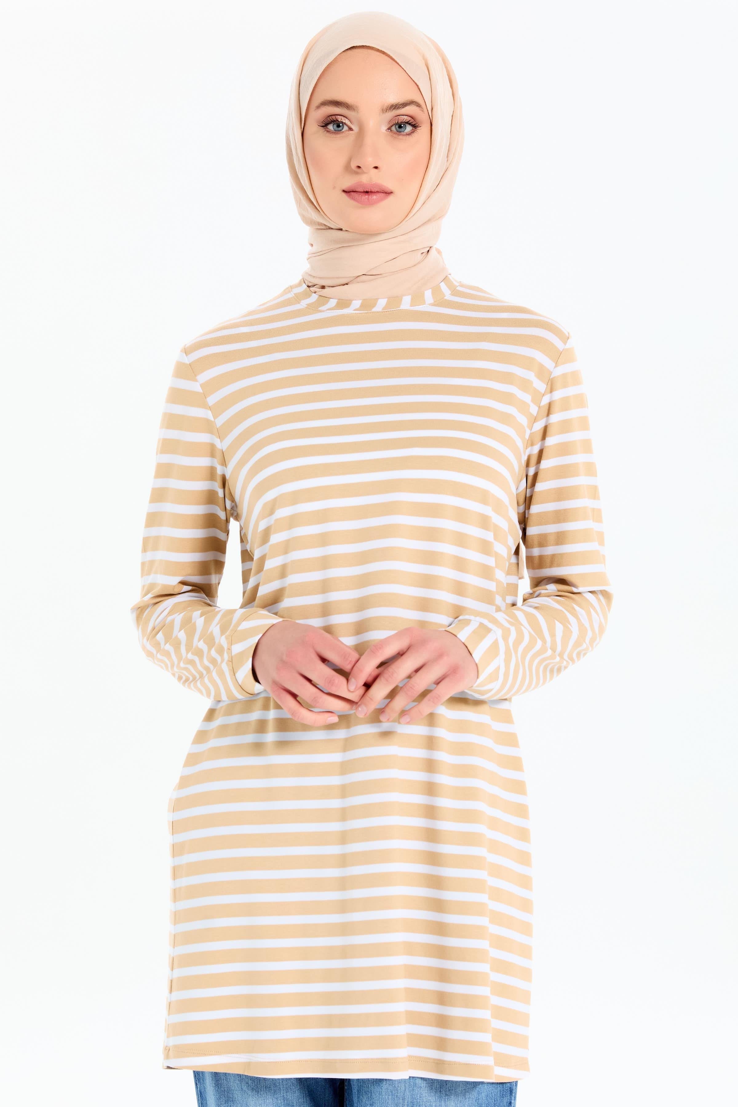 Garnili Çizgili Örme Tunik - Bej - Ekru TUGBA