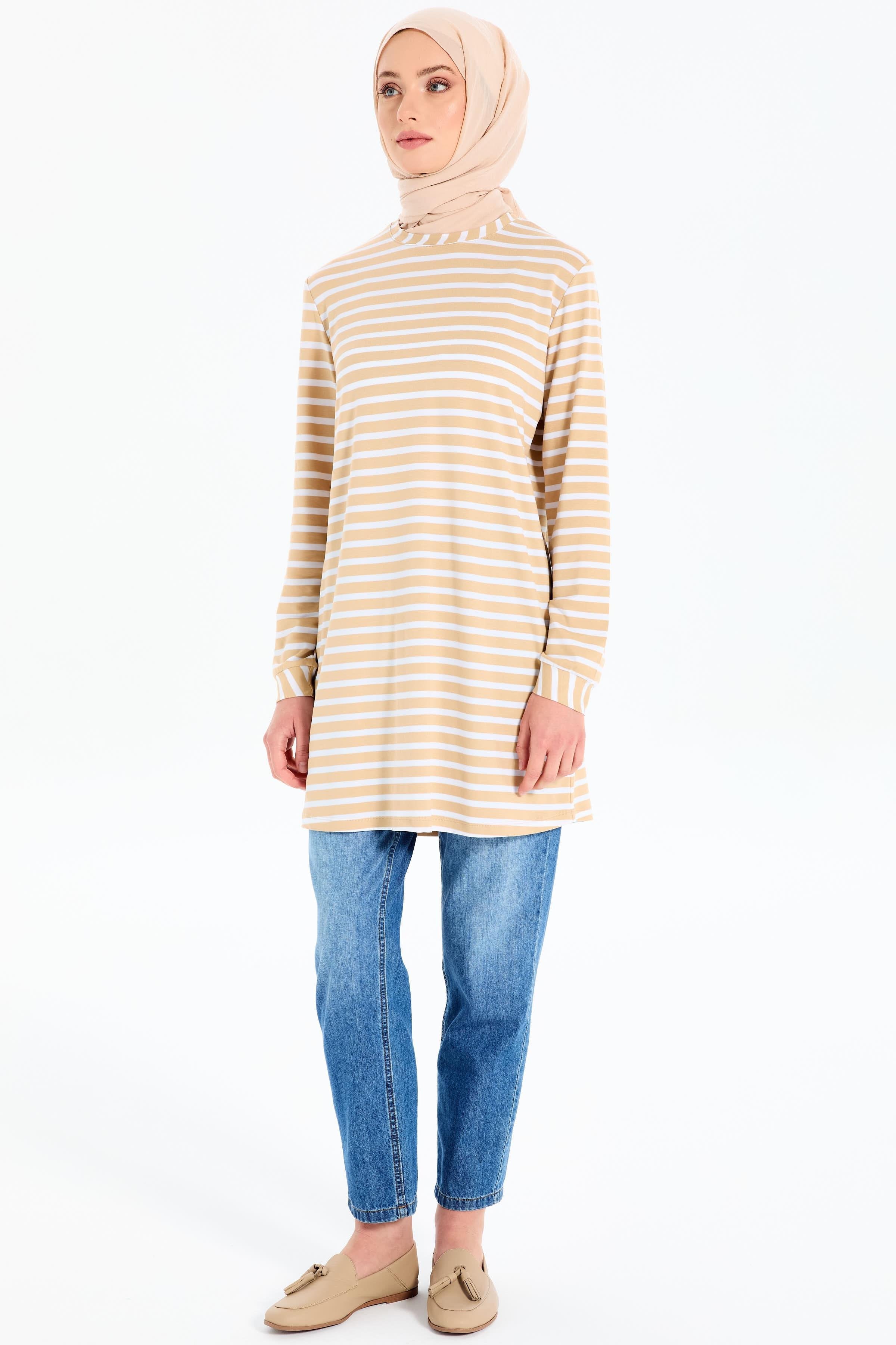 Garnili Çizgili Örme Tunik - Bej - Ekru TUGBA