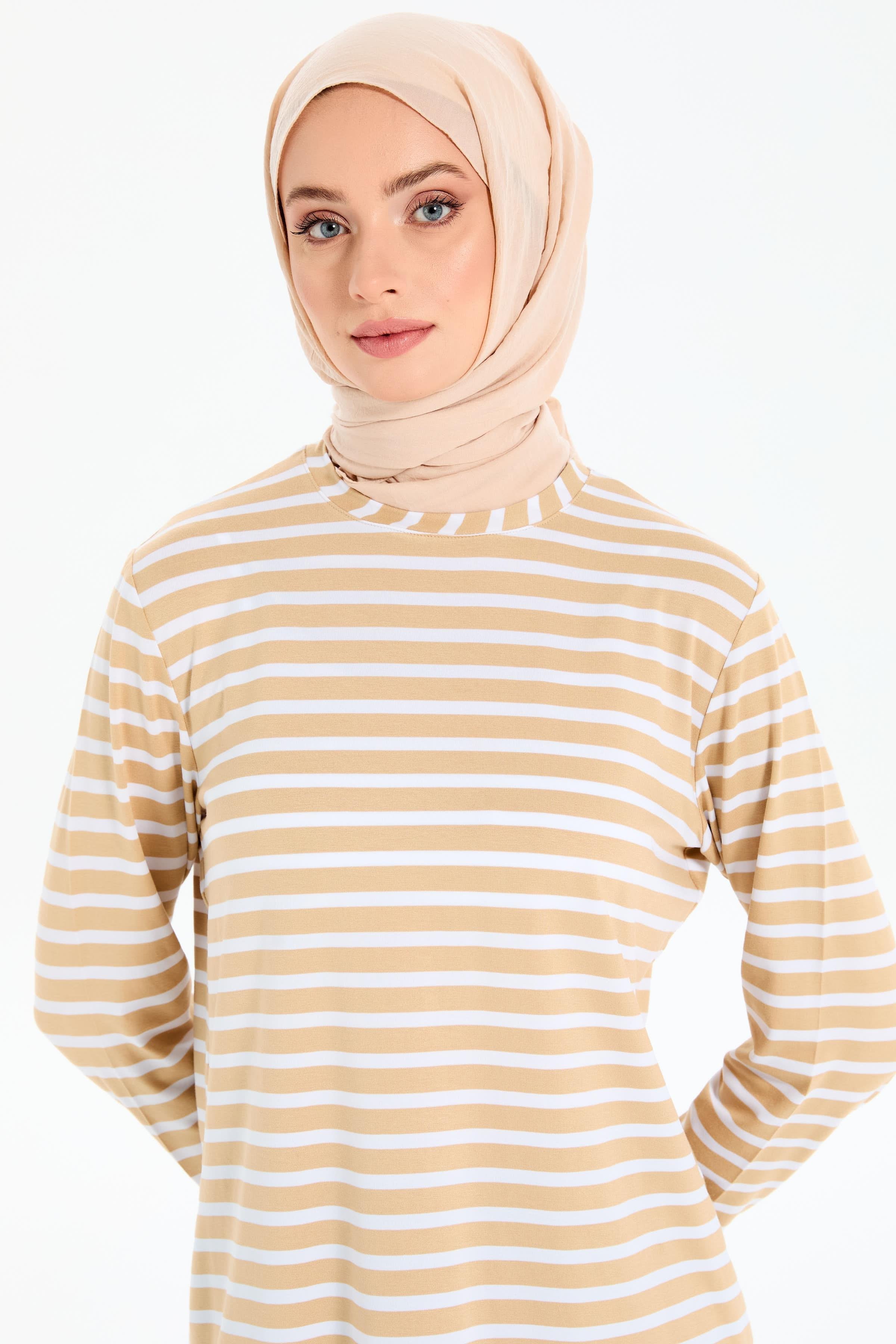 Garnili Çizgili Örme Tunik - Bej - Ekru TUGBA