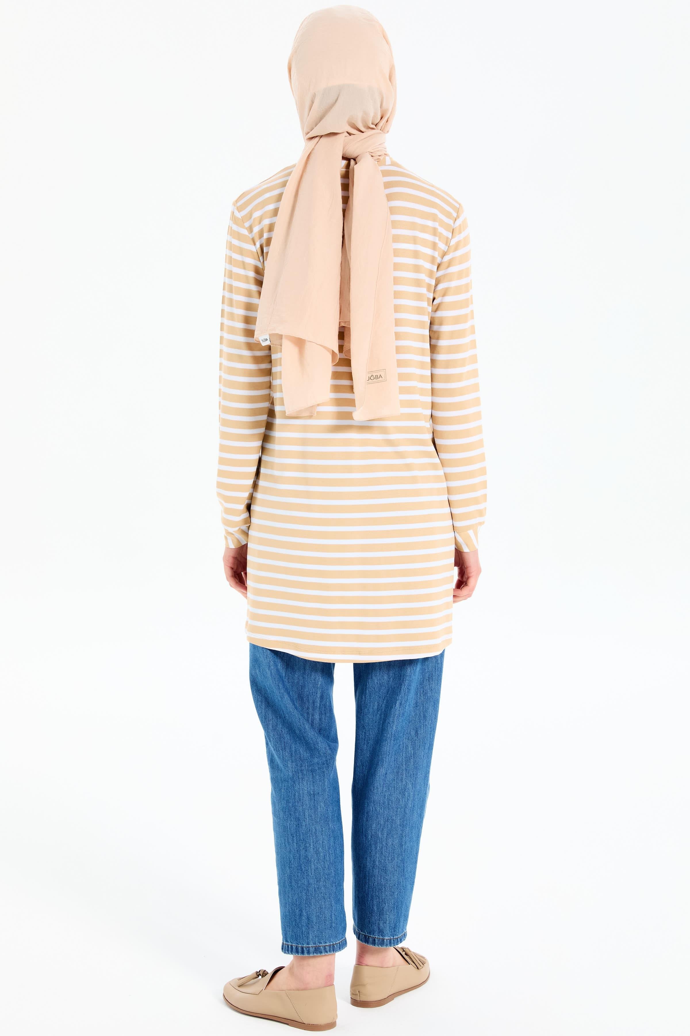 Garnili Çizgili Örme Tunik - Bej - Ekru TUGBA