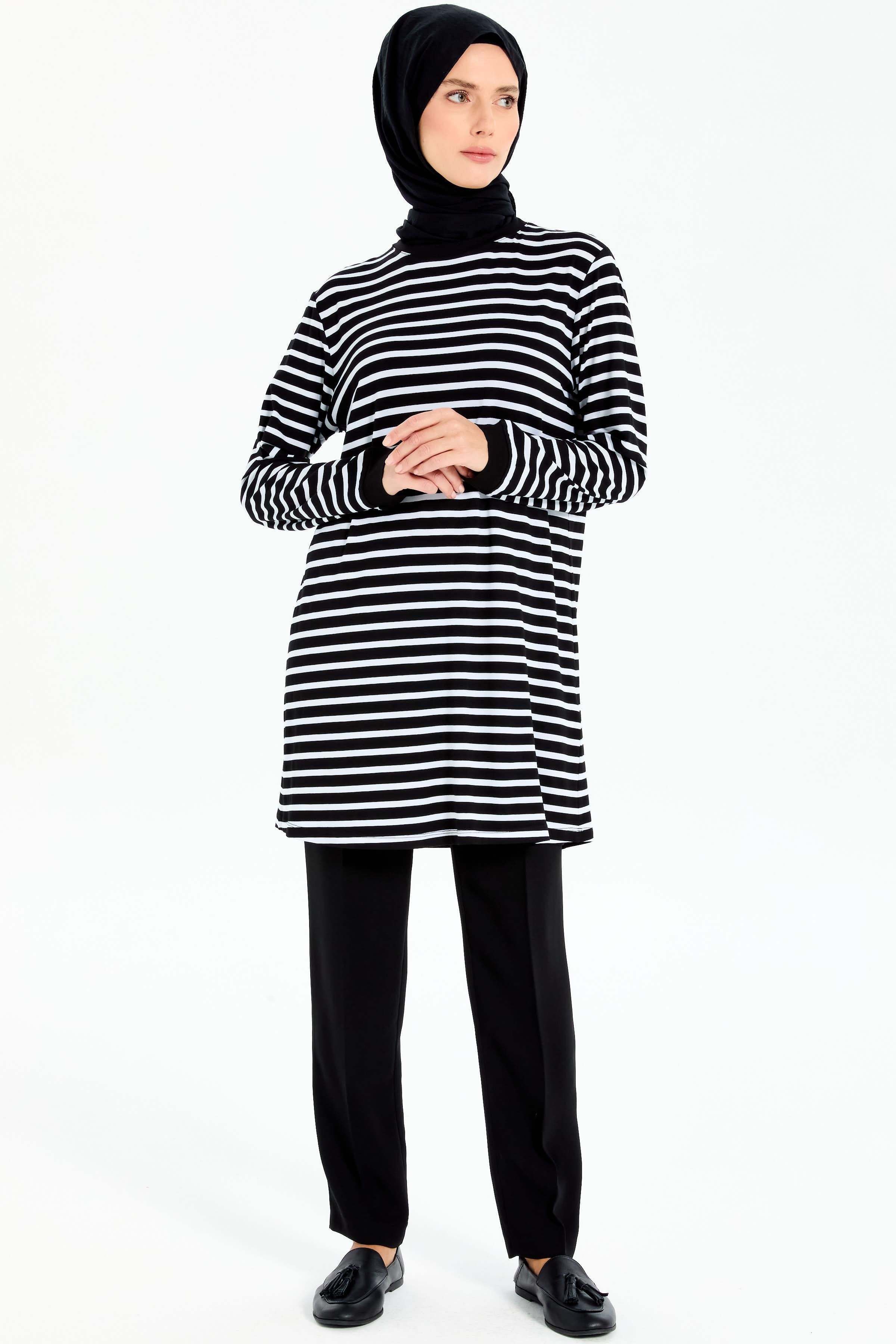 Garnili Çizgili Örme Tunik - Ekru - Siyah TUGBA