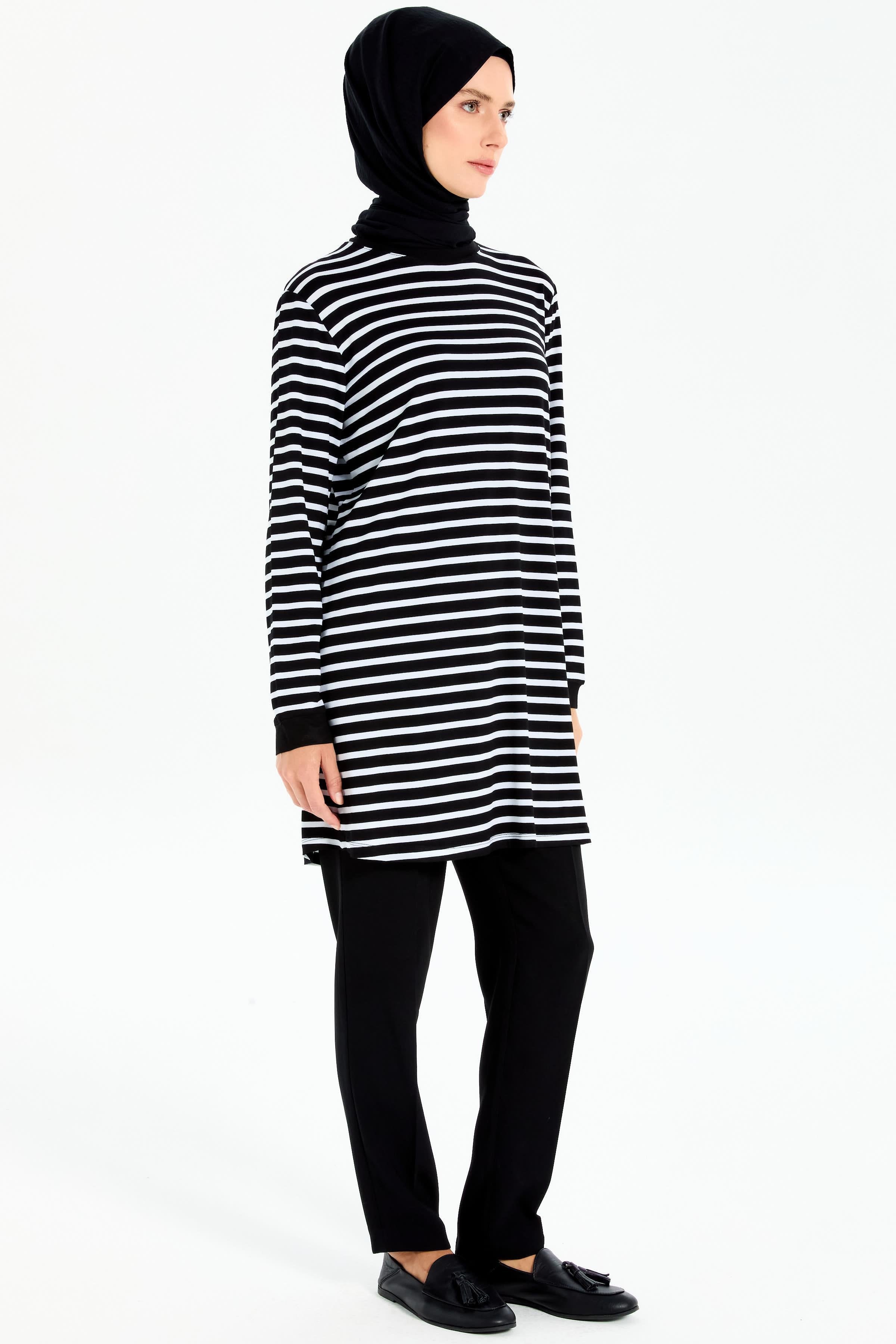 Garnili Çizgili Örme Tunik - Ekru - Siyah TUGBA