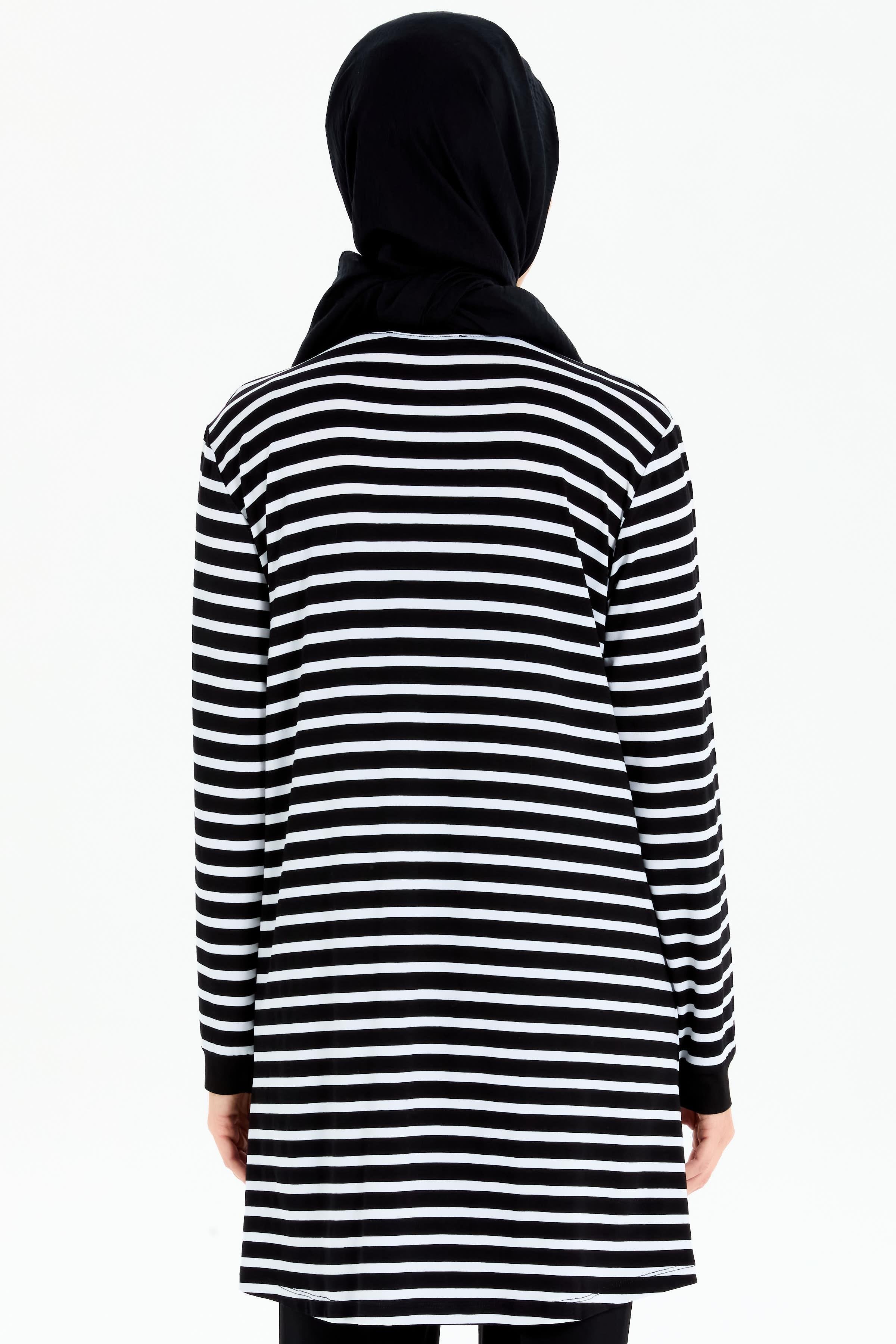 Garnili Çizgili Örme Tunik - Ekru - Siyah TUGBA