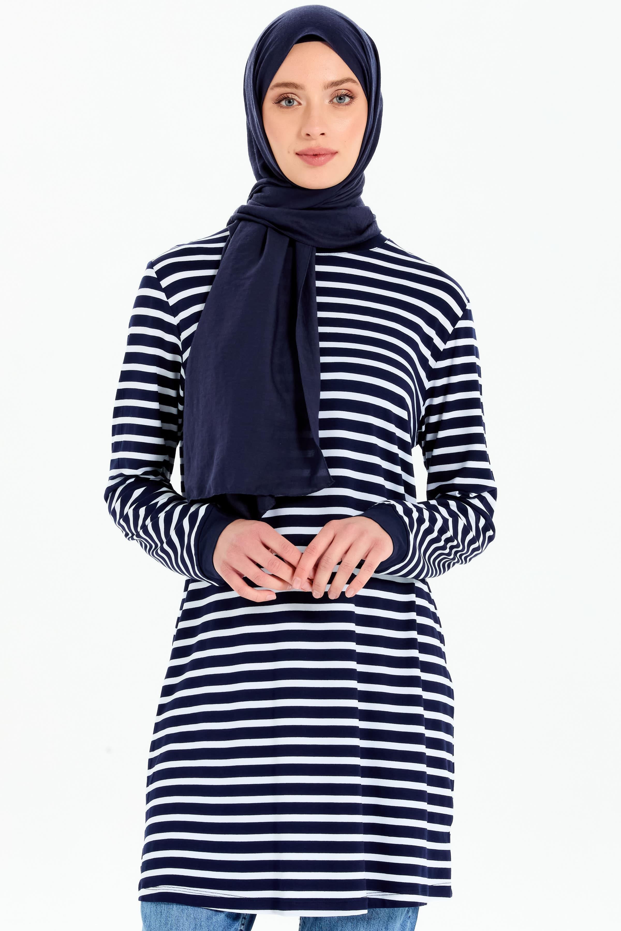 Garnili Çizgili Örme Tunik - Lacivert - Ekru TUGBA