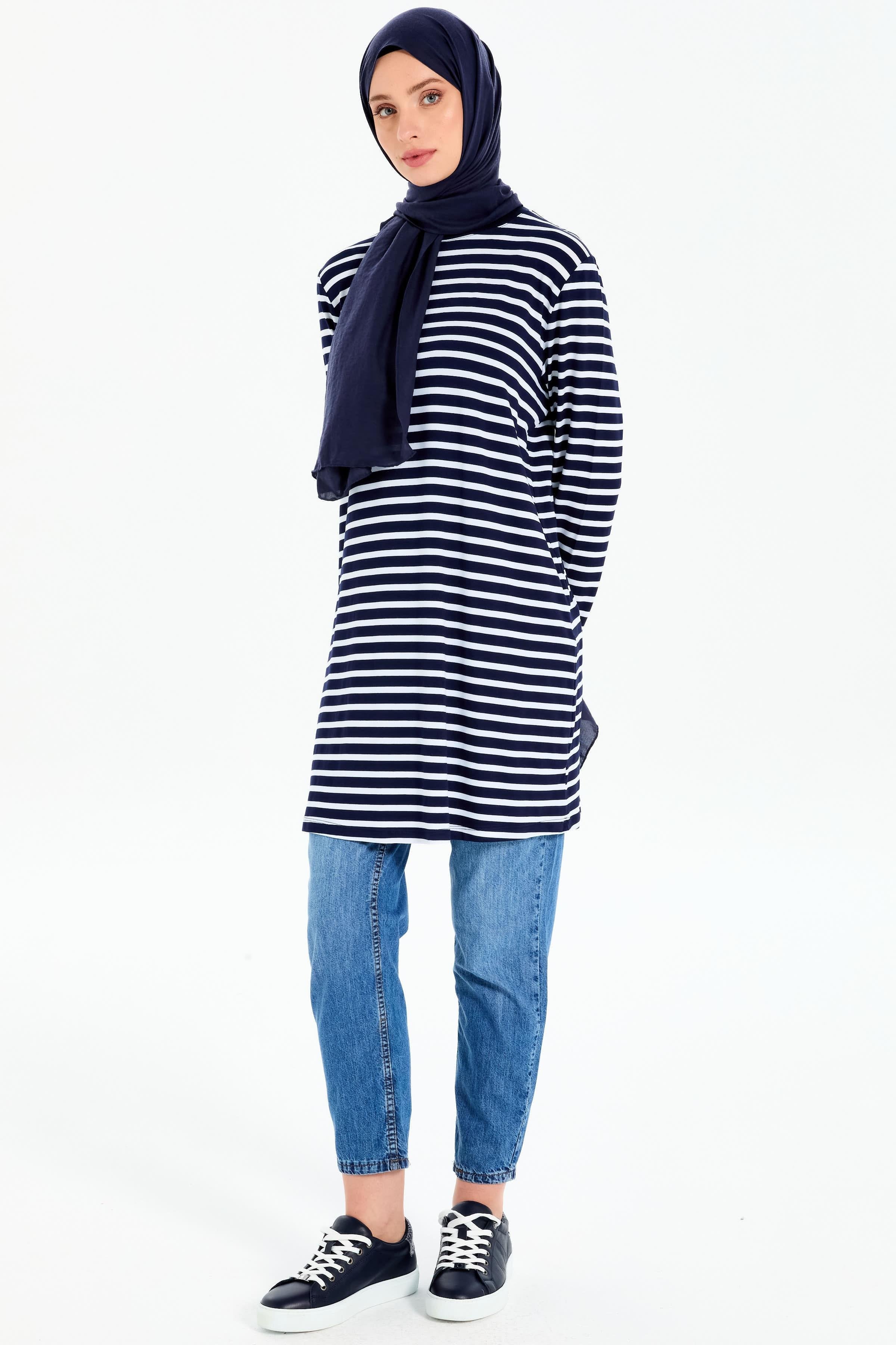 Garnili Çizgili Örme Tunik - Lacivert - Ekru TUGBA