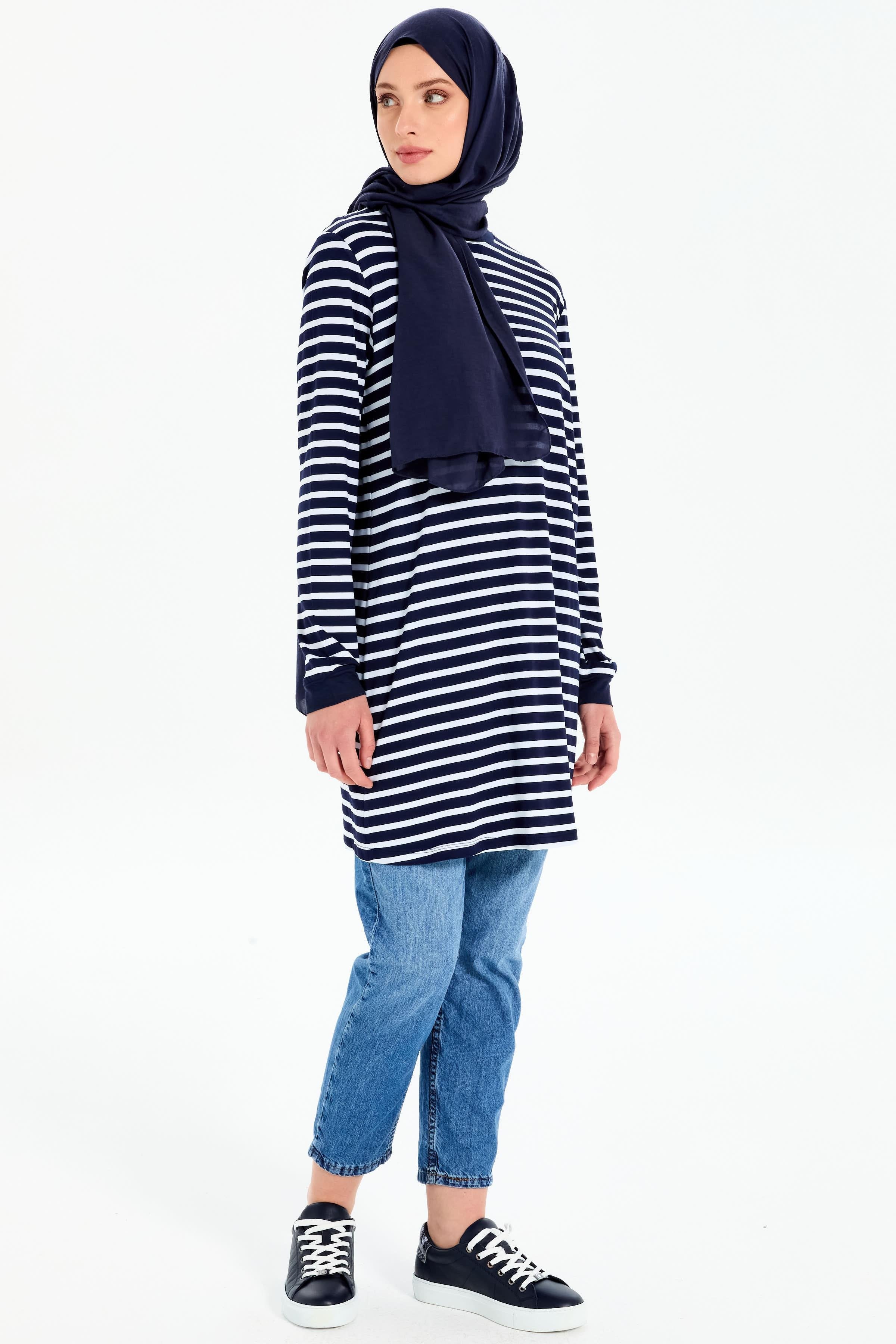 Garnili Çizgili Örme Tunik - Lacivert - Ekru TUGBA