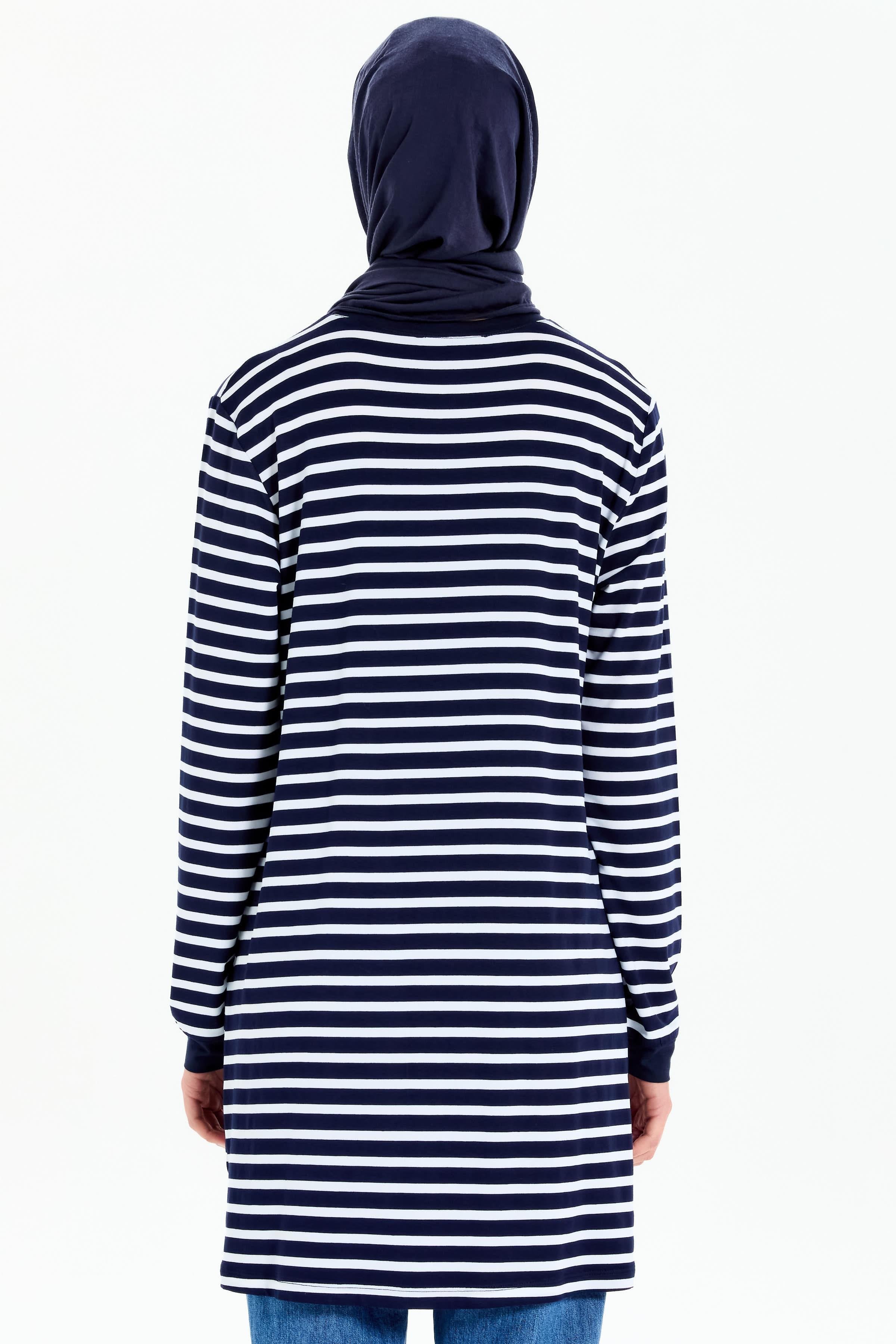 Garnili Çizgili Örme Tunik - Lacivert - Ekru TUGBA