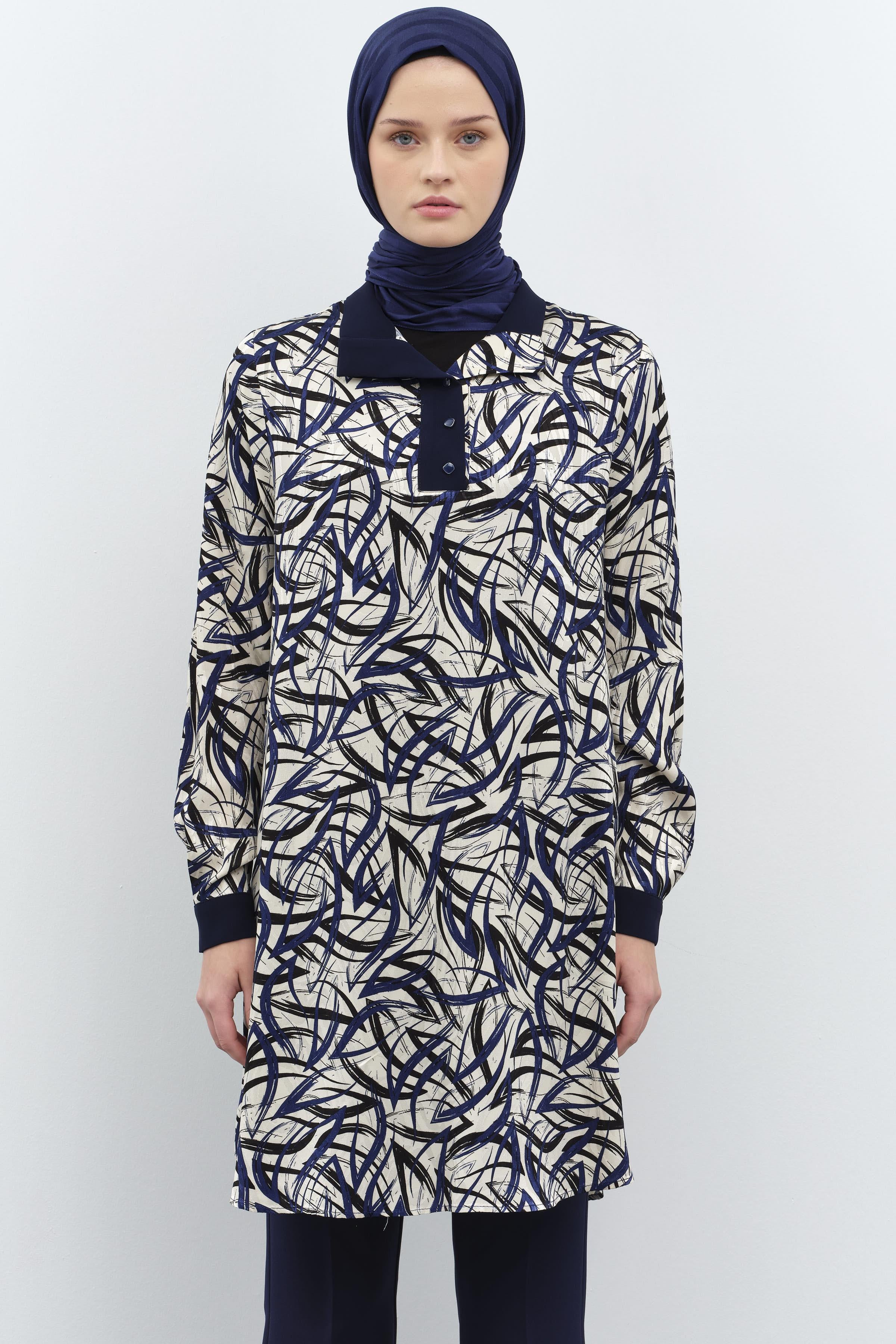 Garnili Desenli Jakar Tunik - Lacivert TUGBA