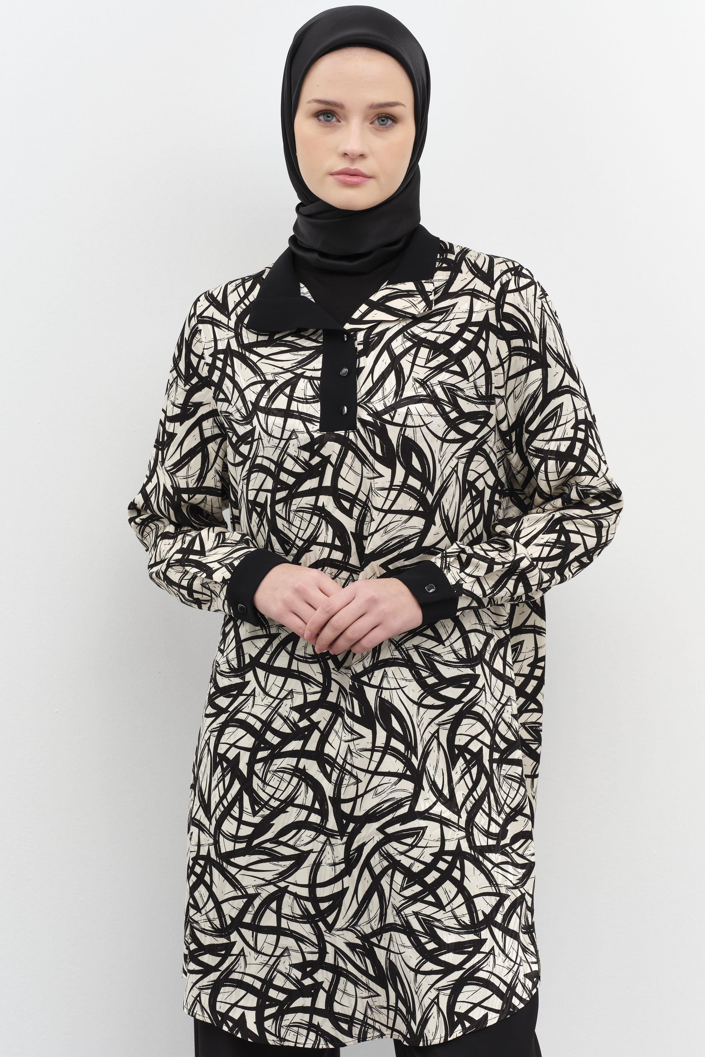 Garnili Desenli Jakar Tunik - Siyah TUGBA