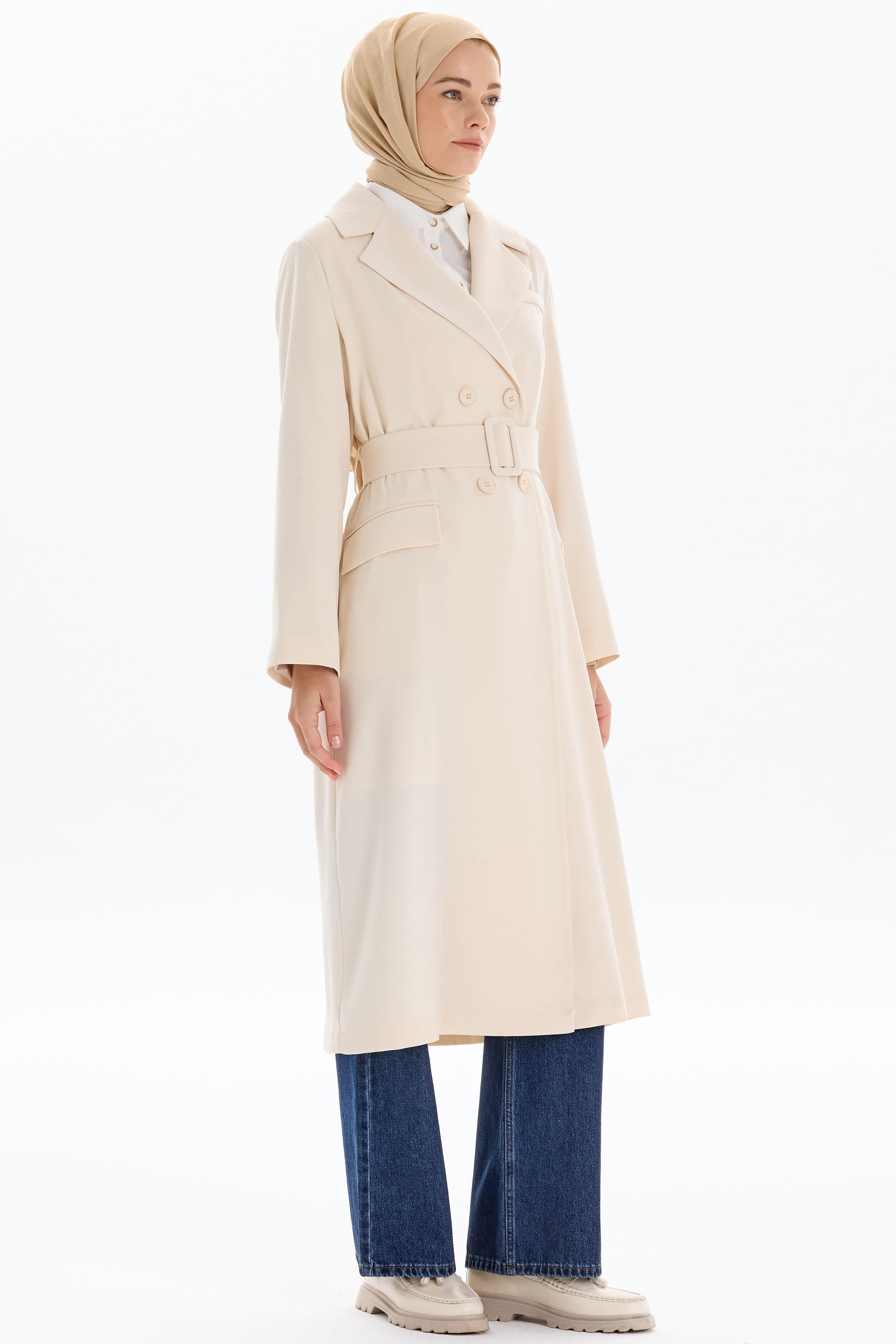 Garnili Duble Kollu Uzun Ceket - Bej TUGBA