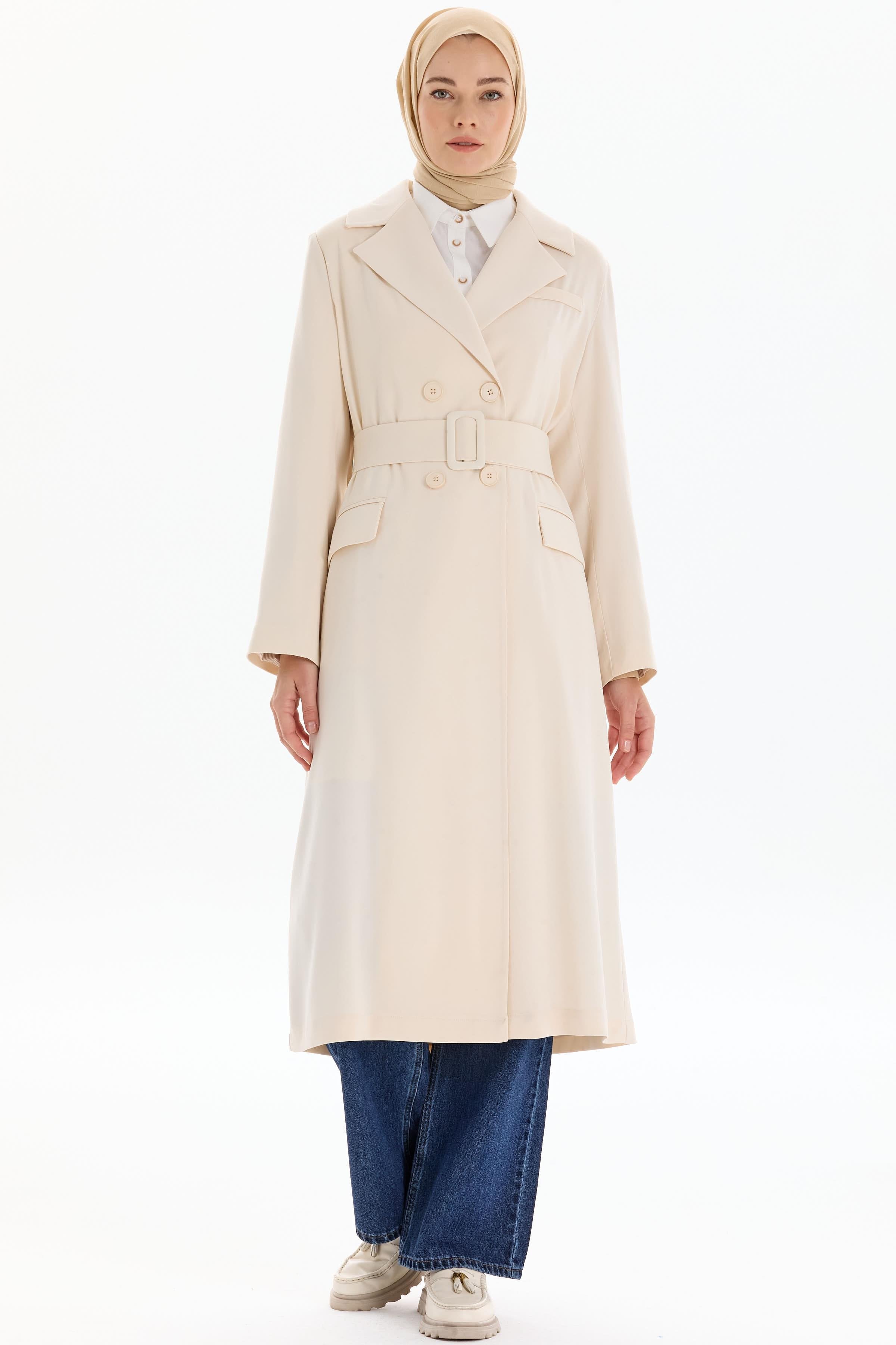 Garnili Duble Kollu Uzun Ceket - Bej TUGBA