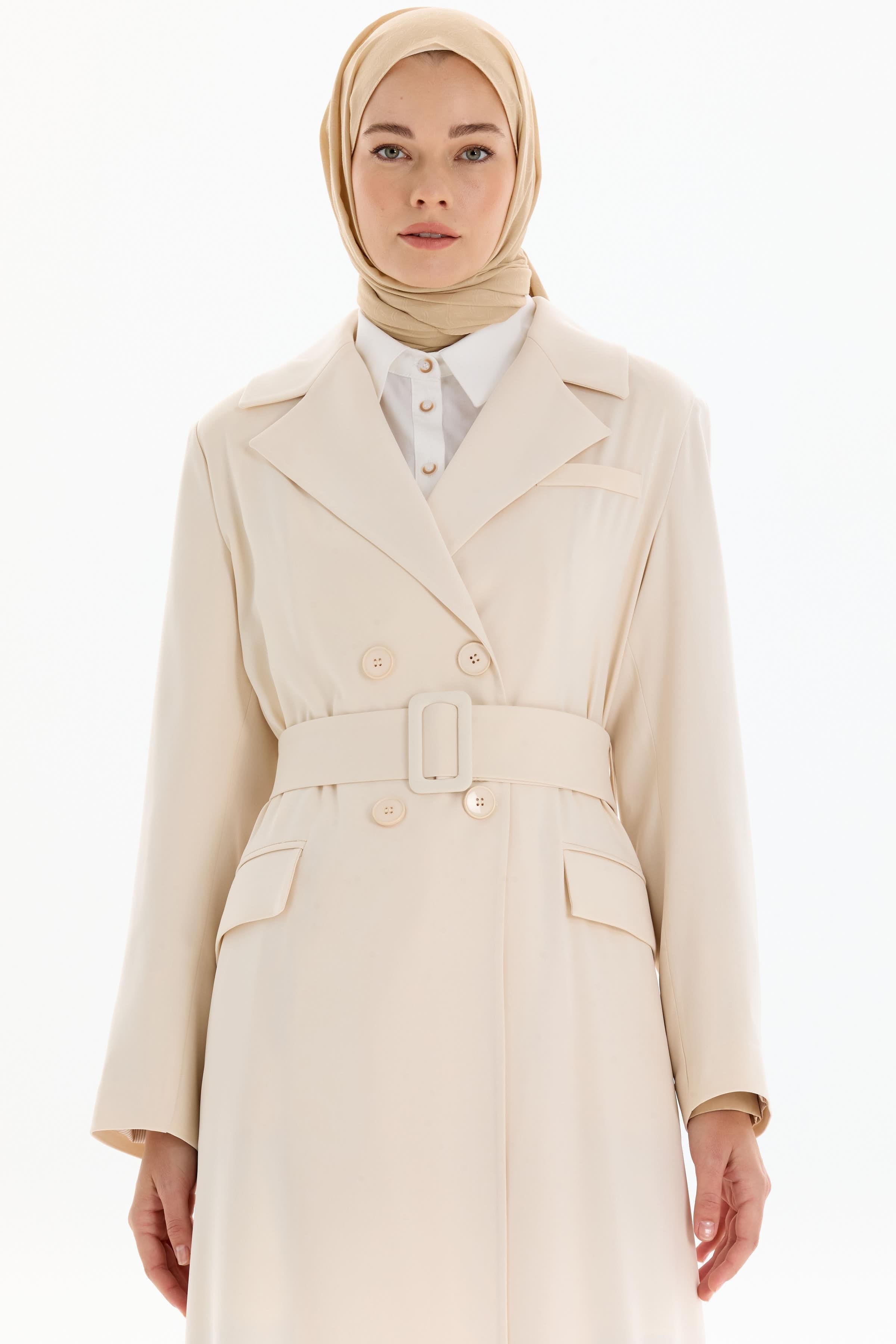 Garnili Duble Kollu Uzun Ceket - Bej TUGBA