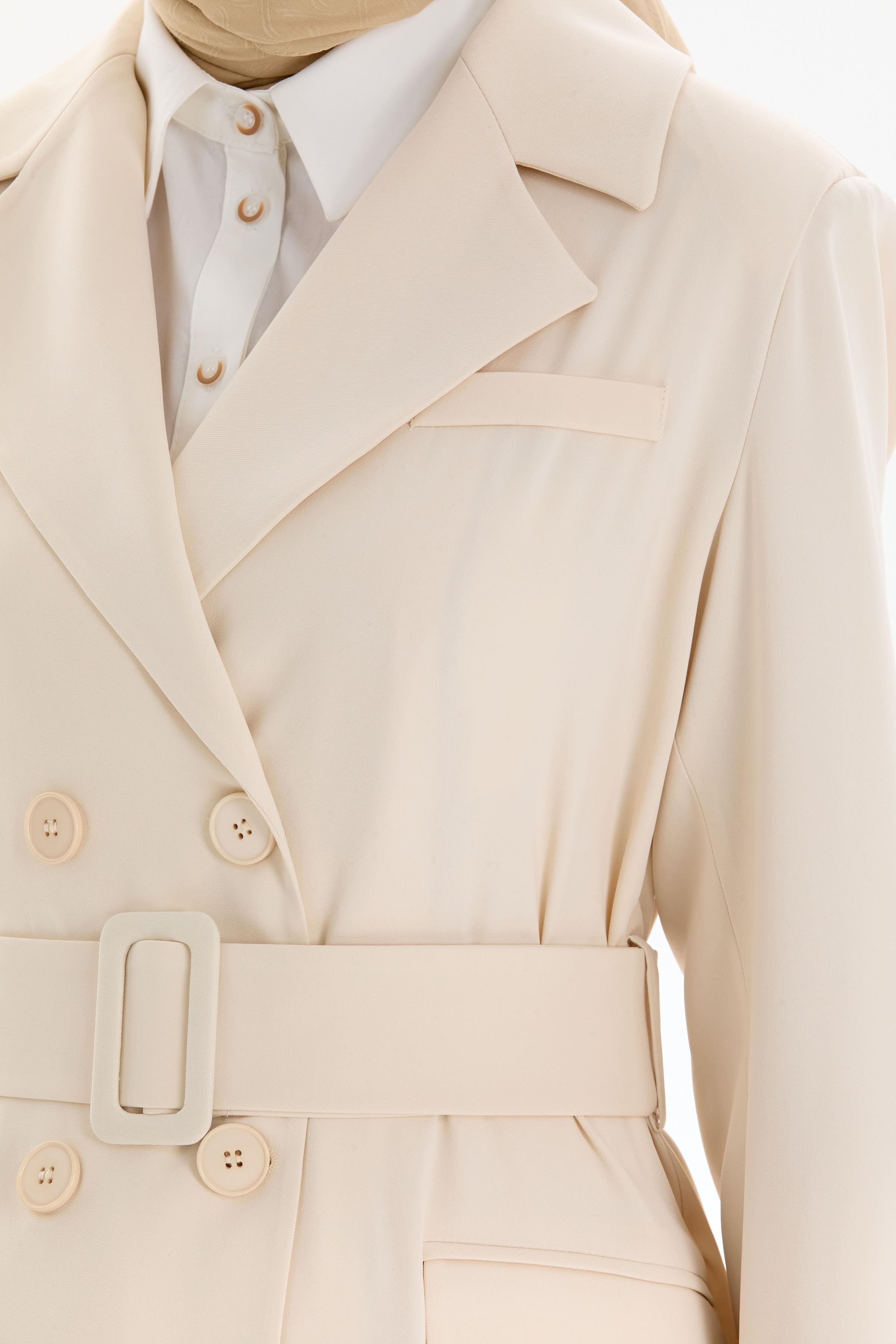 Garnili Duble Kollu Uzun Ceket - Bej TUGBA