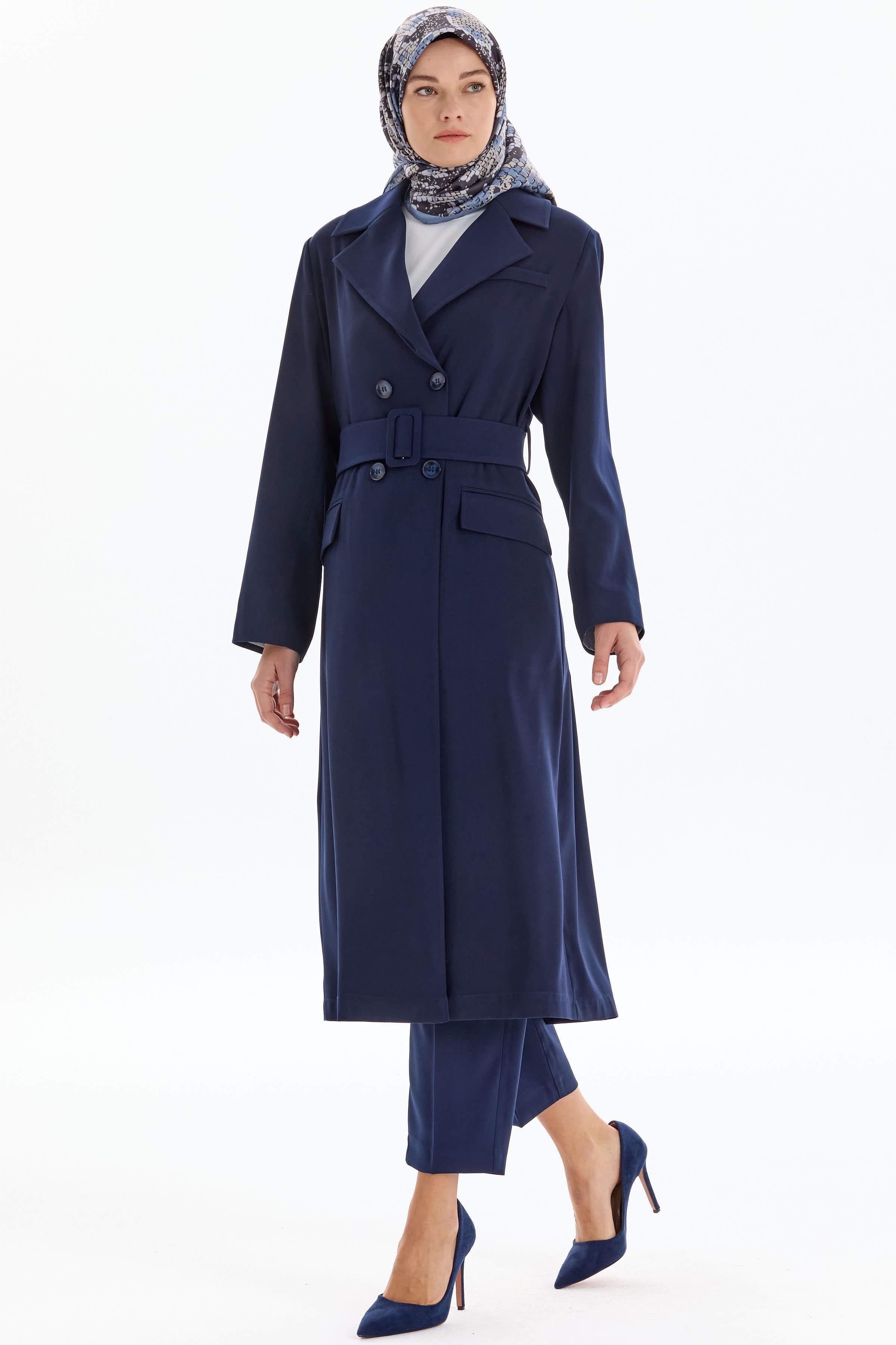 Garnili Duble Kollu Uzun Ceket - Lacivert TUGBA