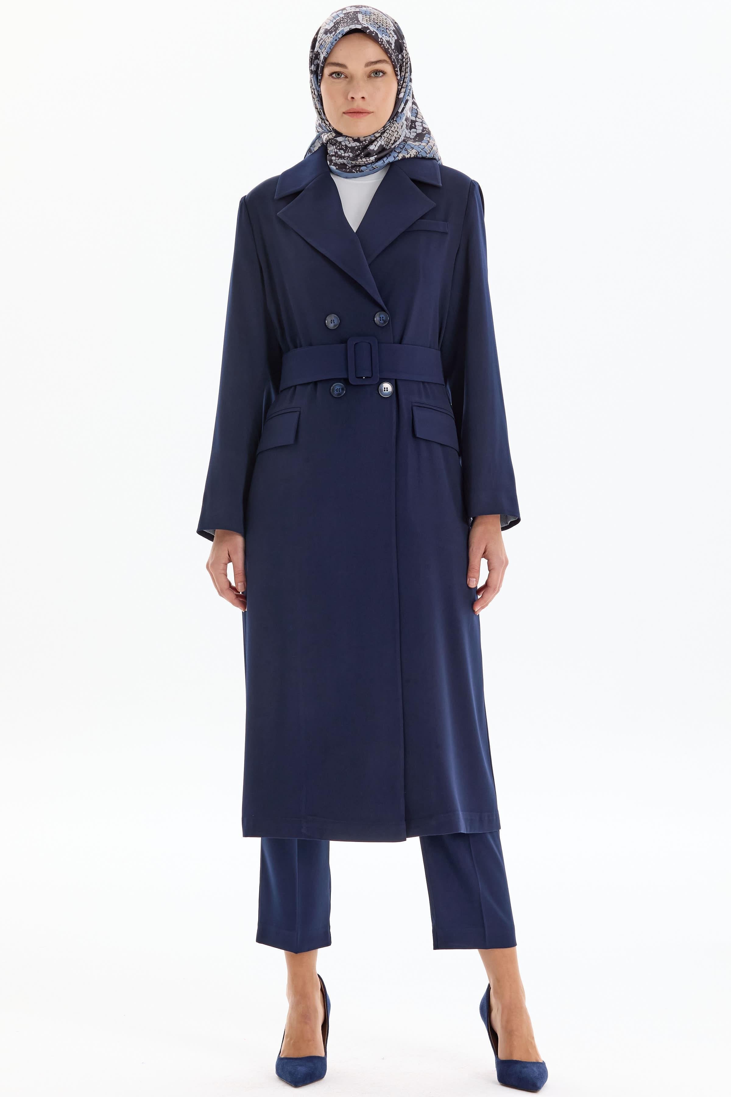 Garnili Duble Kollu Uzun Ceket - Lacivert TUGBA