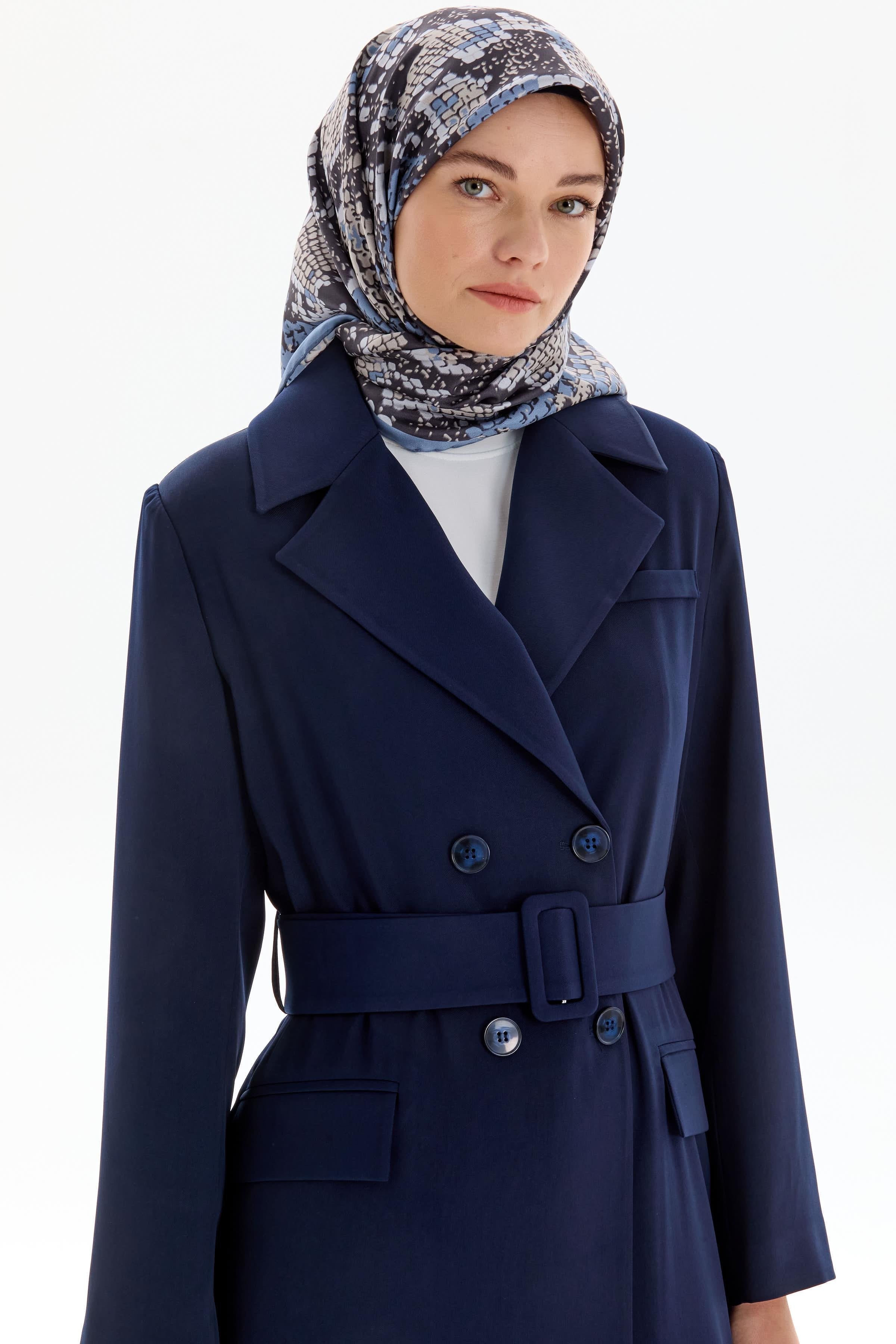 Garnili Duble Kollu Uzun Ceket - Lacivert TUGBA