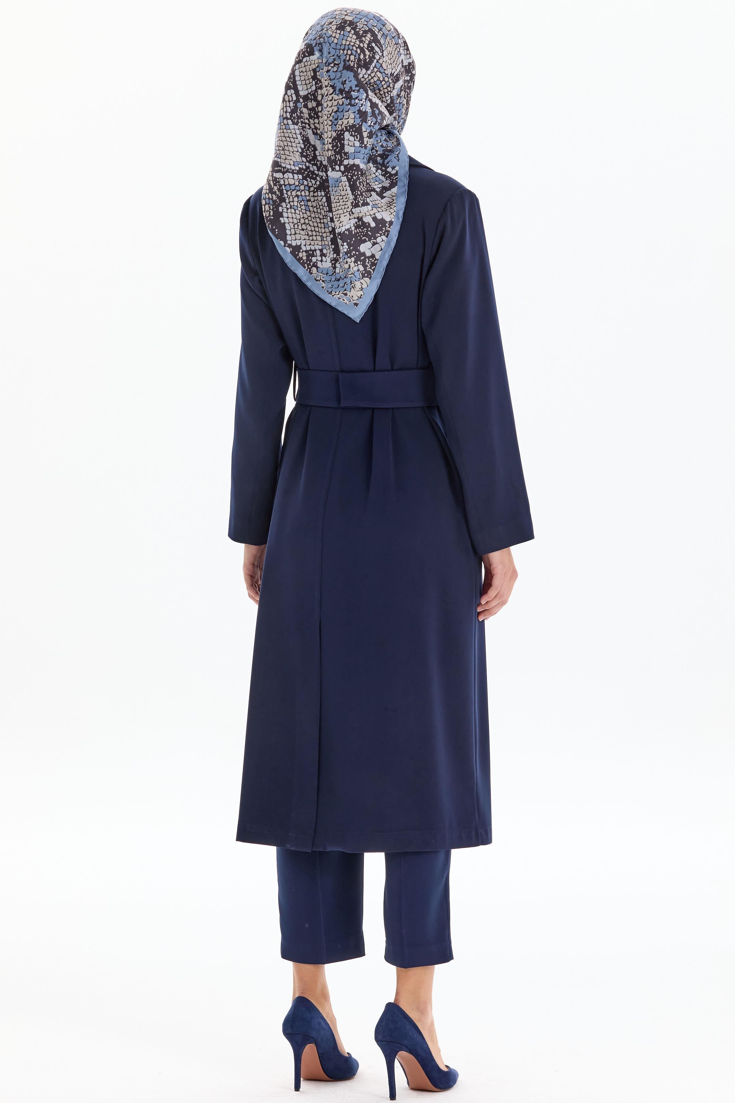 Garnili Duble Kollu Uzun Ceket - Lacivert TUGBA