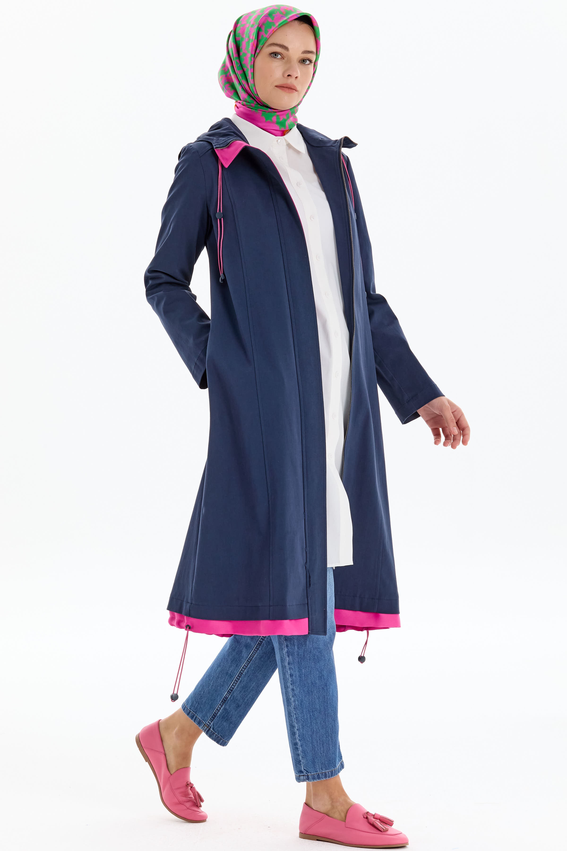 Garnili Fermuar Kapamalı Trençkot - Lacivert TUGBA