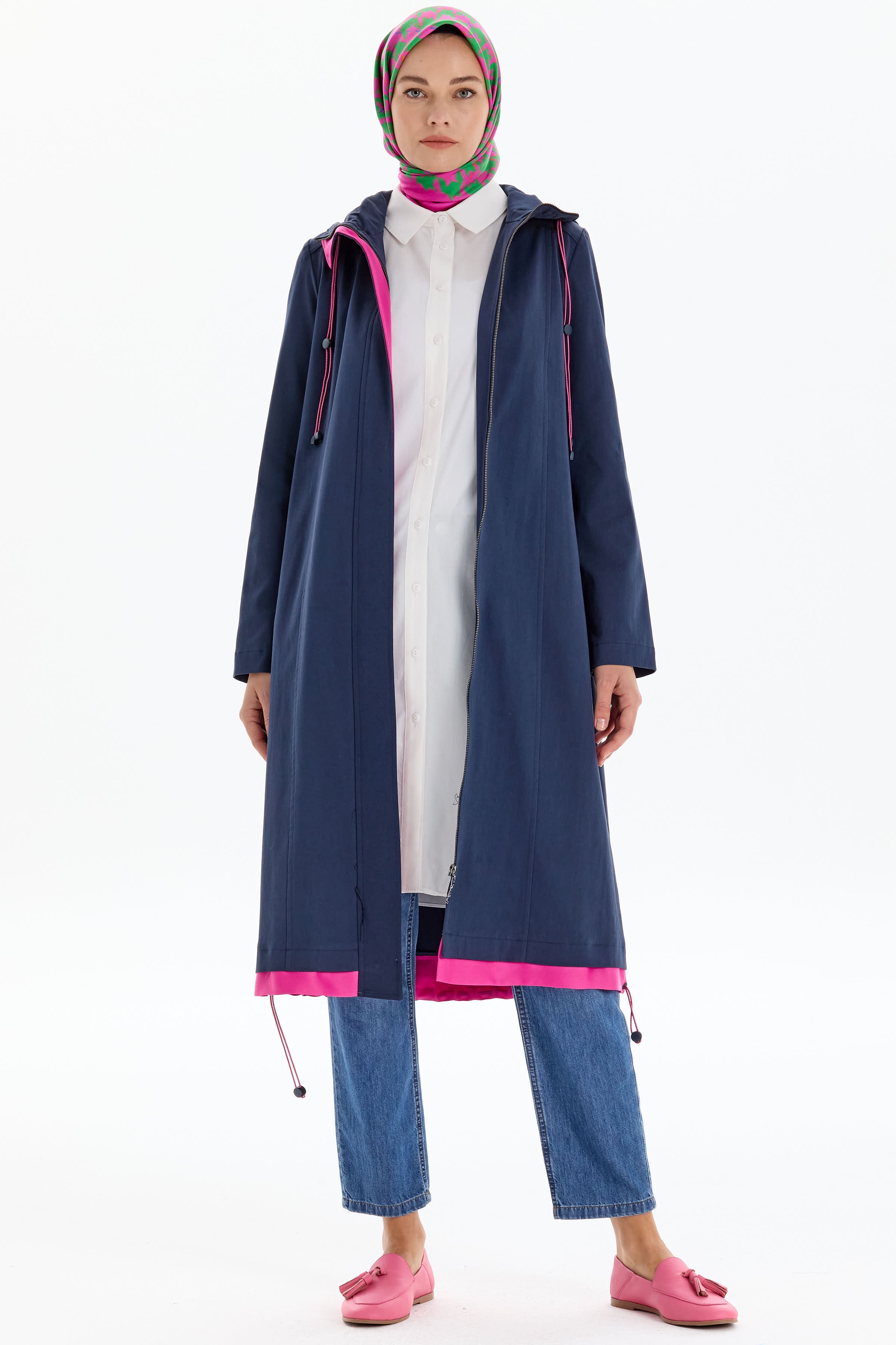 Garnili Fermuar Kapamalı Trençkot - Lacivert TUGBA