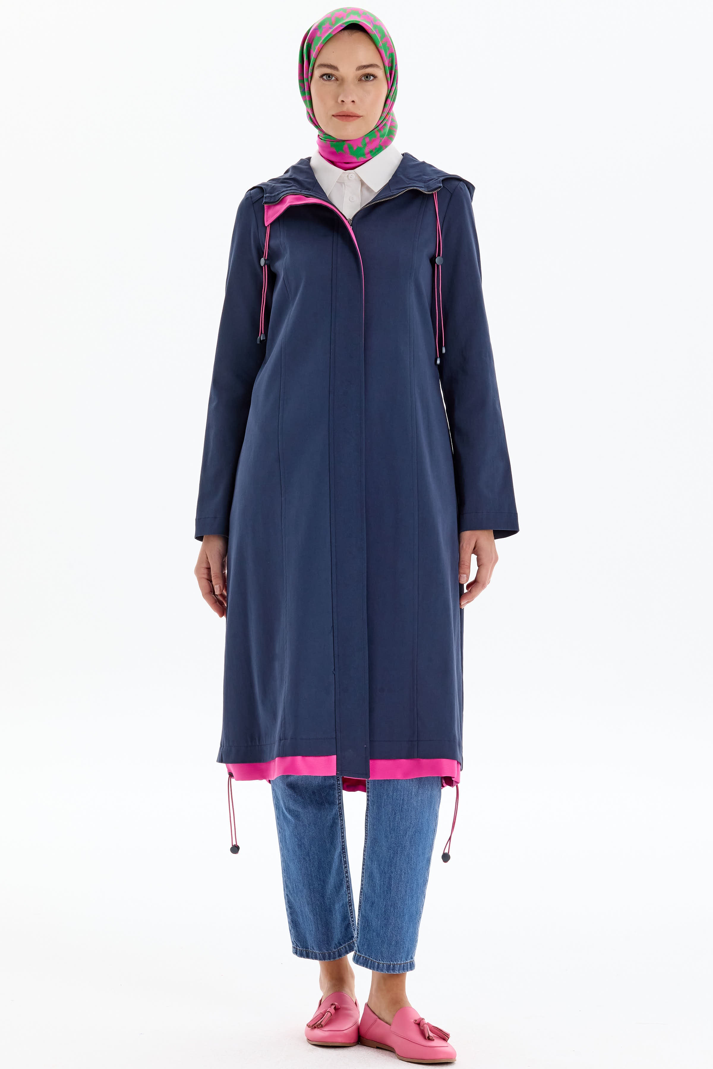 Garnili Fermuar Kapamalı Trençkot - Lacivert TUGBA