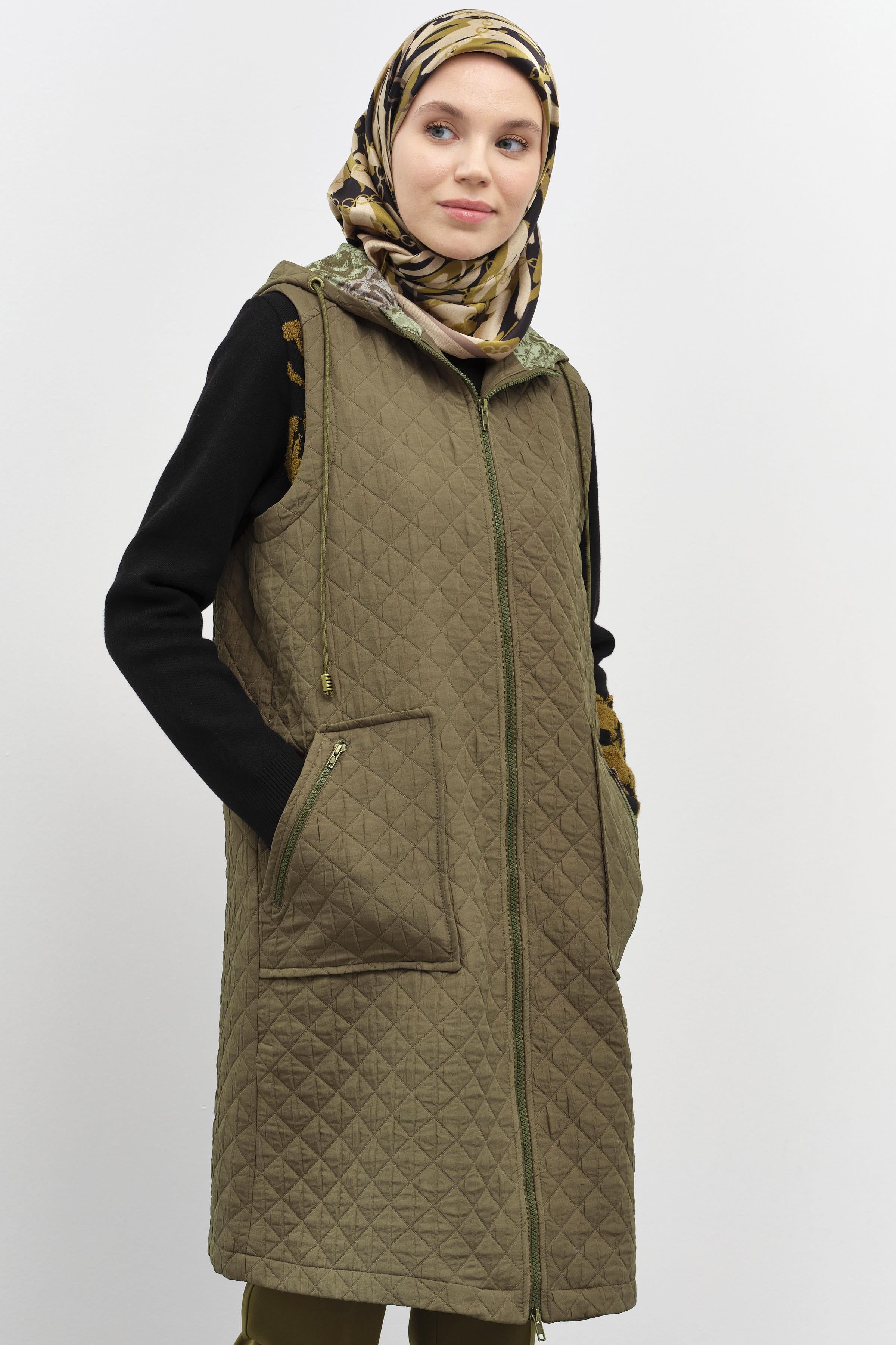 Garnili İnce Kapitone Yelek - Haki TUGBA