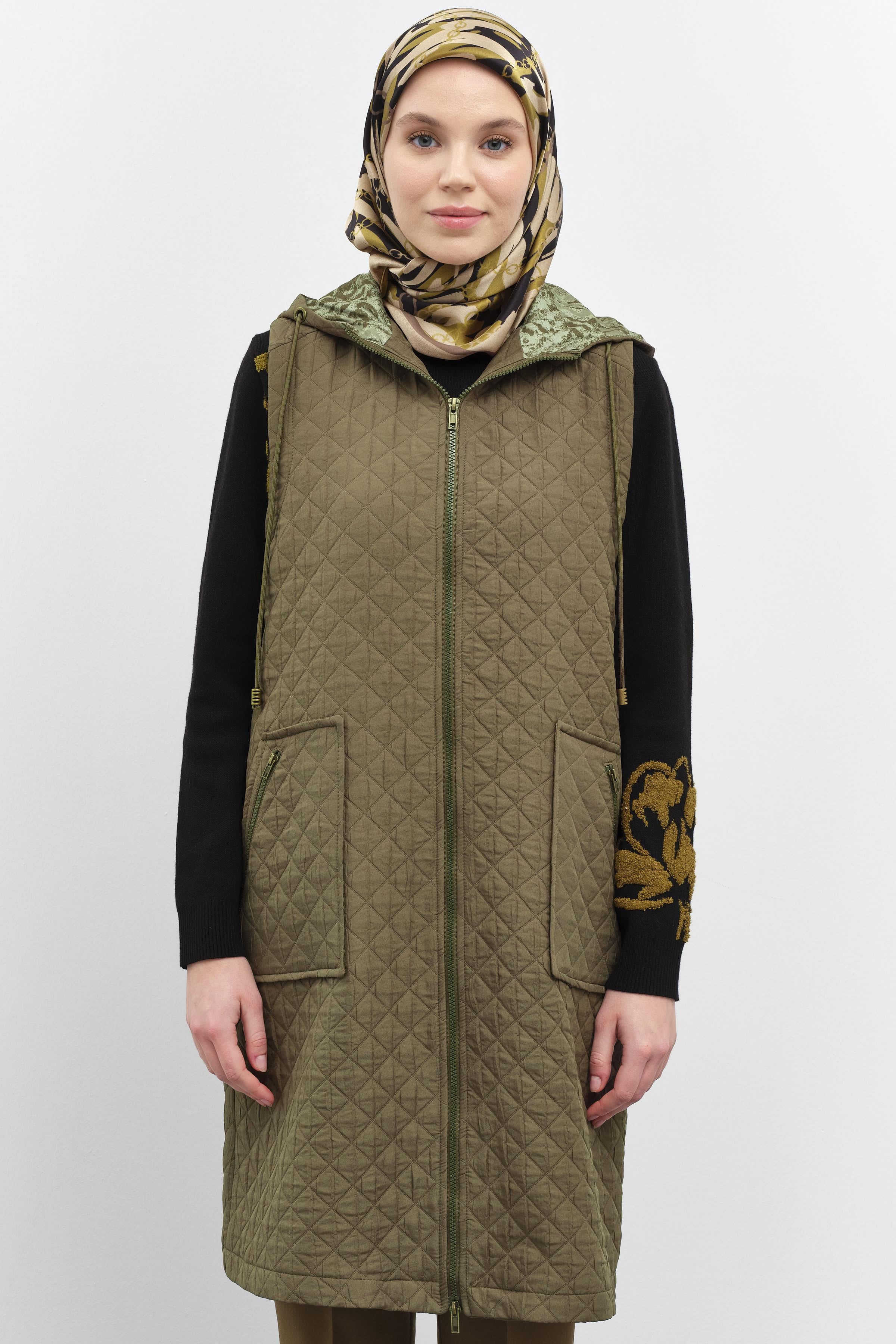 Garnili İnce Kapitone Yelek - Haki TUGBA