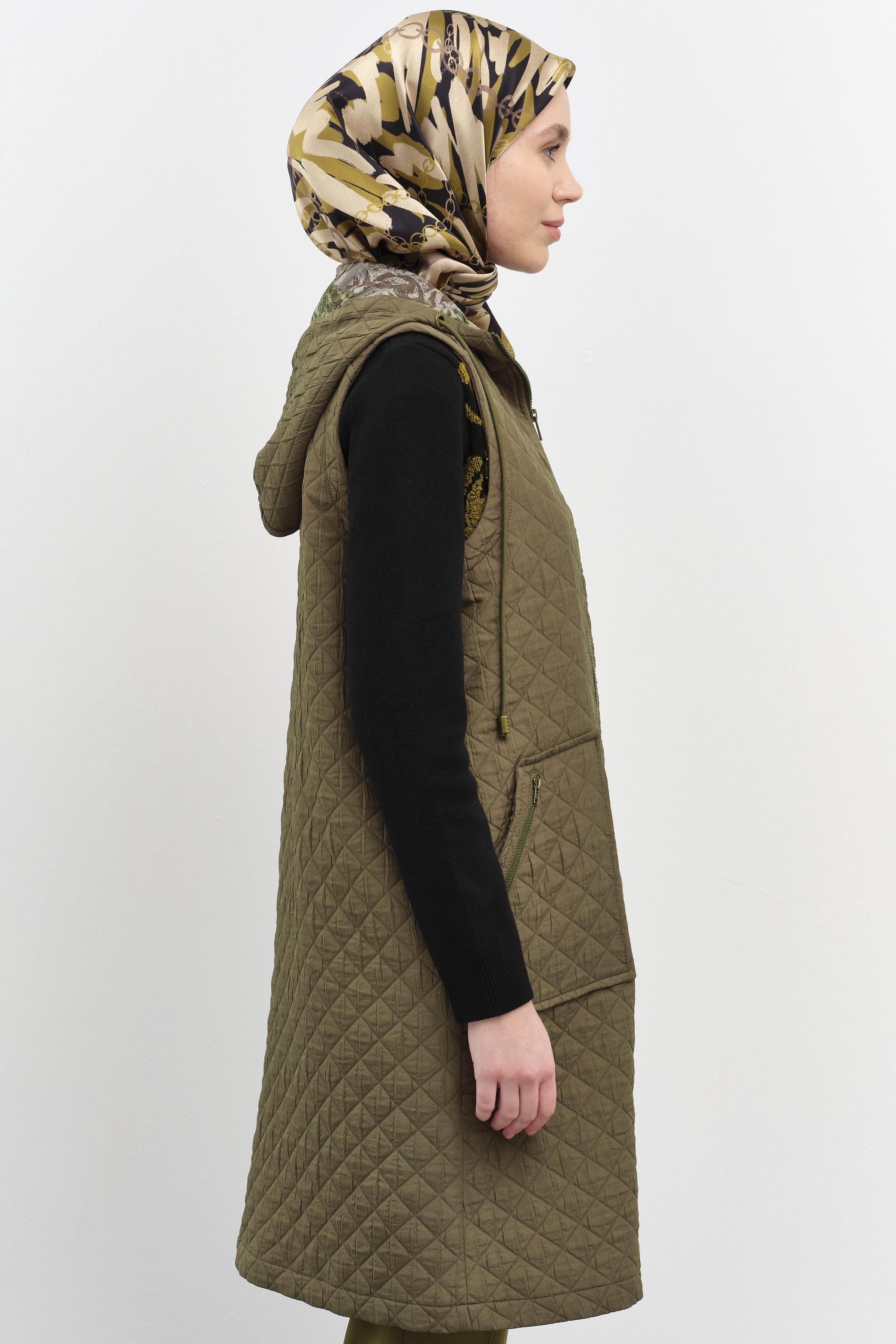 Garnili İnce Kapitone Yelek - Haki TUGBA