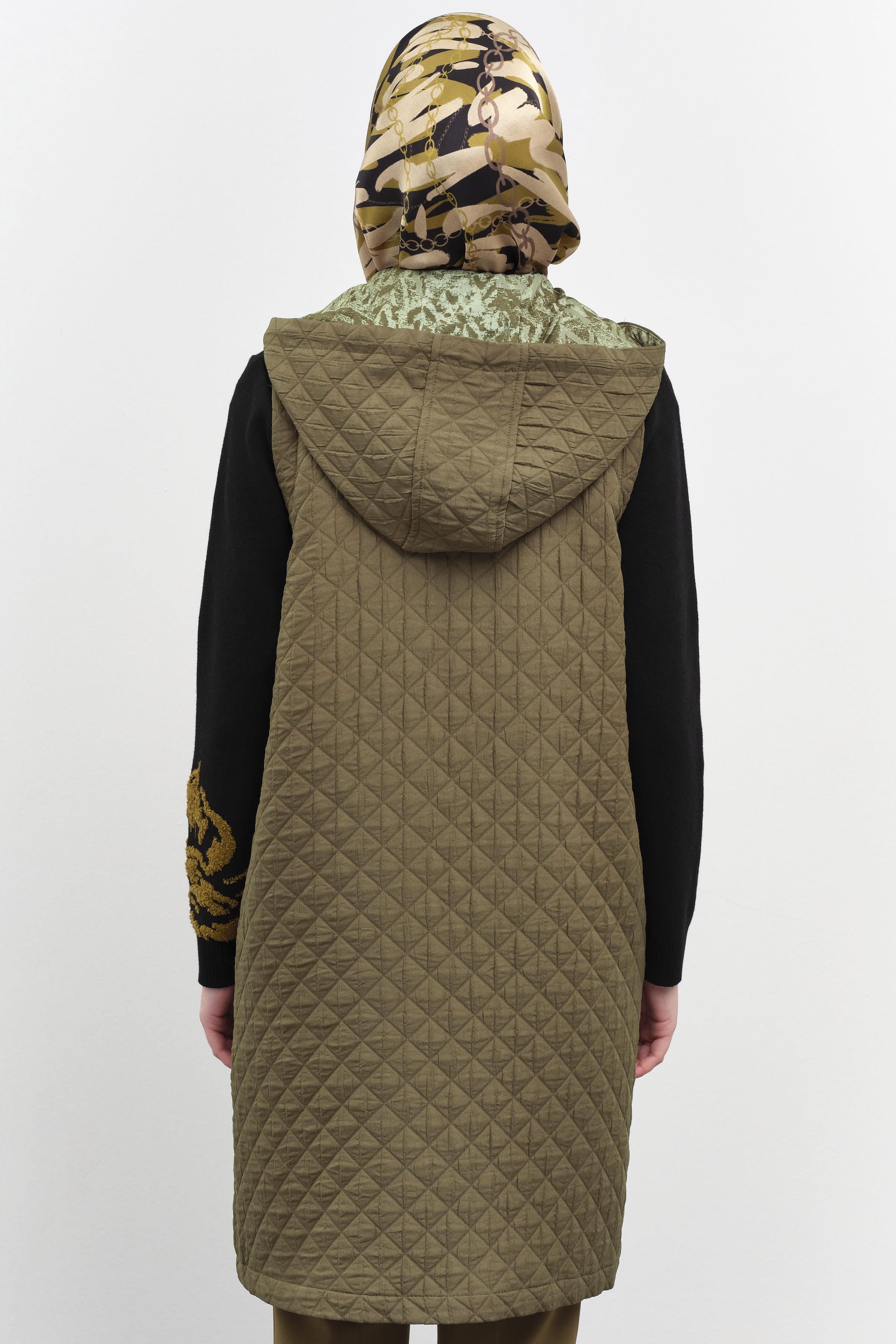 Garnili İnce Kapitone Yelek - Haki TUGBA