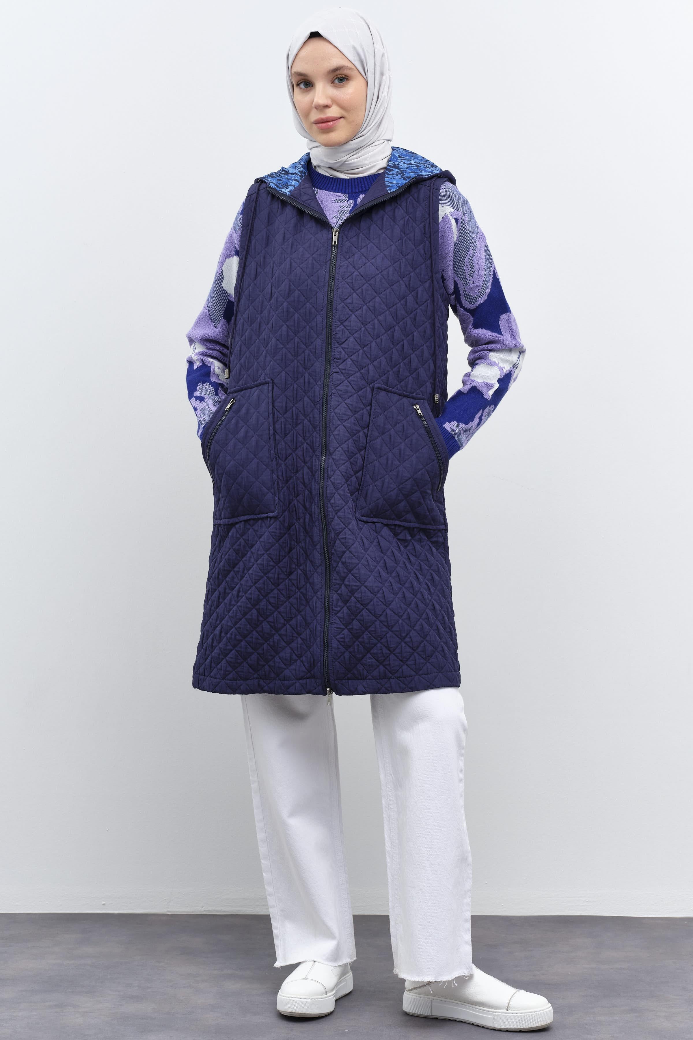 Garnili İnce Kapitone Yelek - Lacivert TUGBA