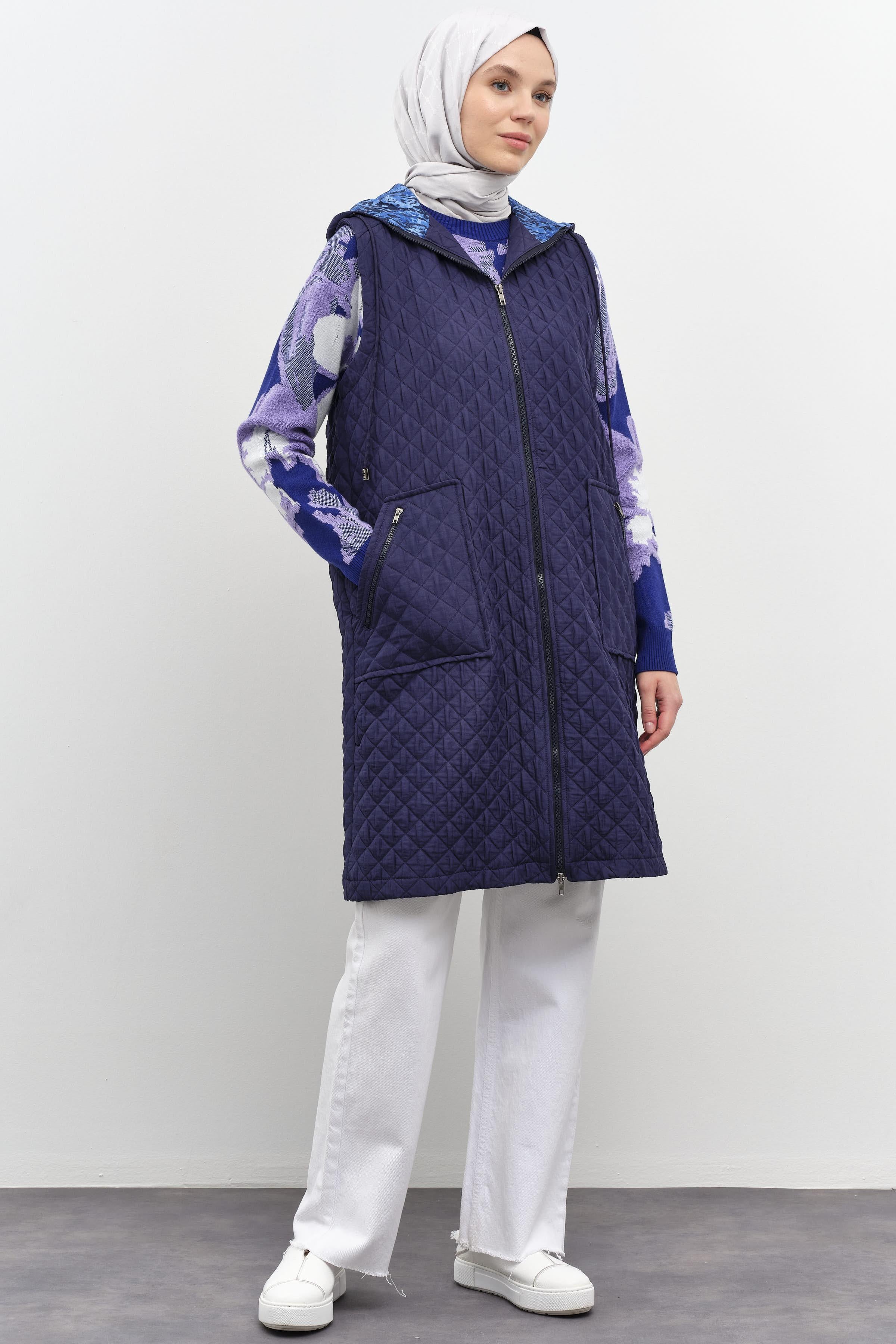 Garnili İnce Kapitone Yelek - Lacivert TUGBA