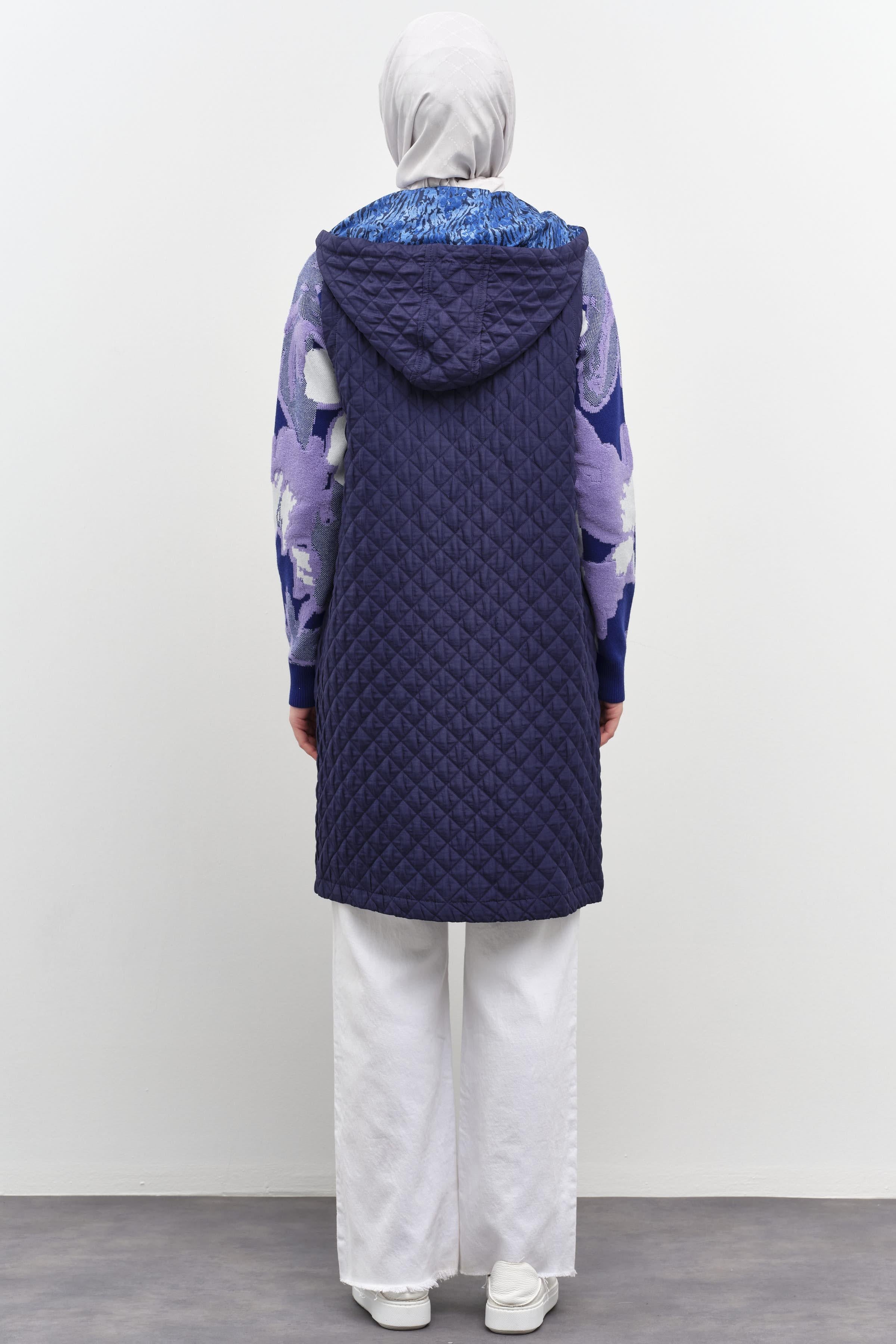 Garnili İnce Kapitone Yelek - Lacivert TUGBA