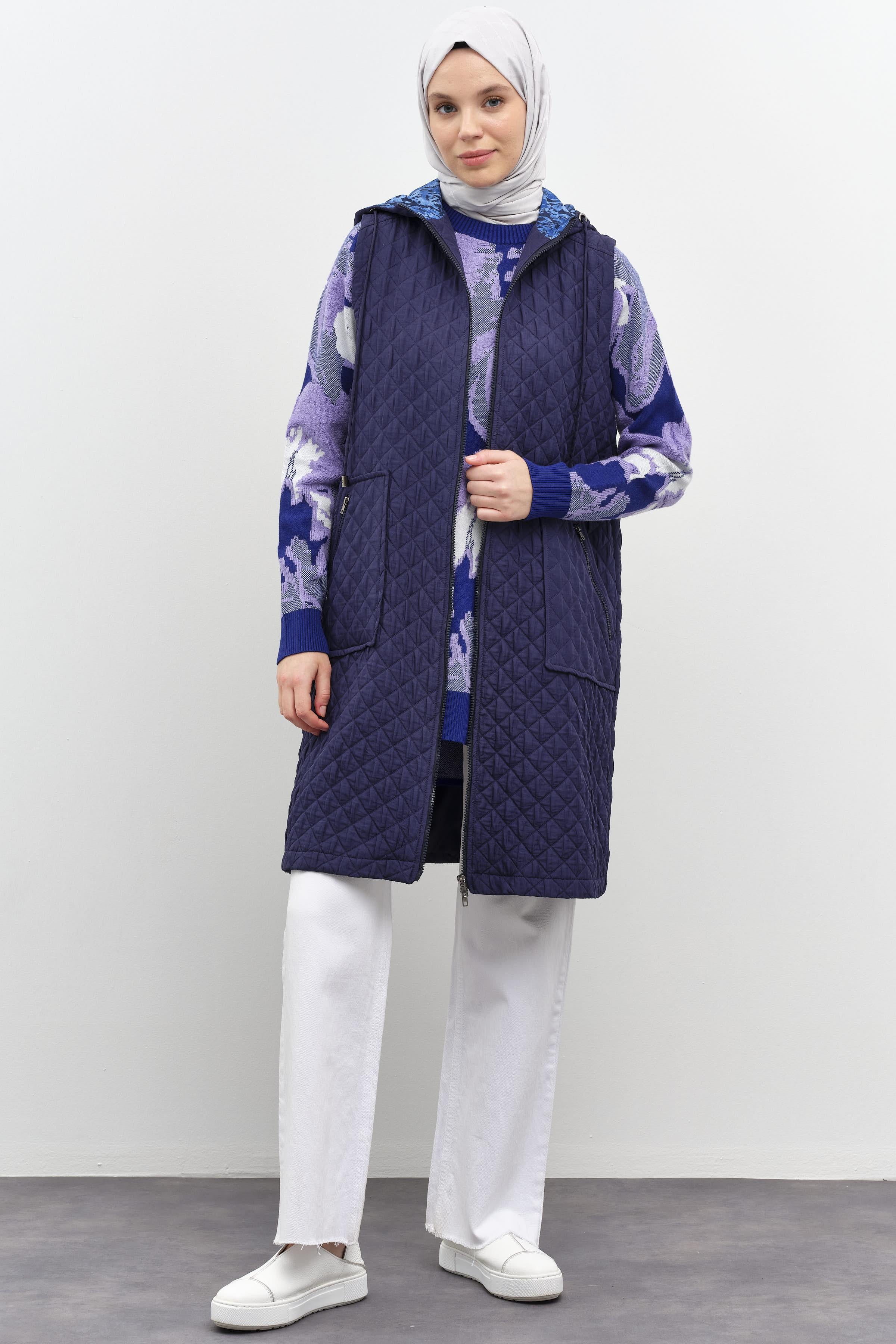 Garnili İnce Kapitone Yelek - Lacivert TUGBA