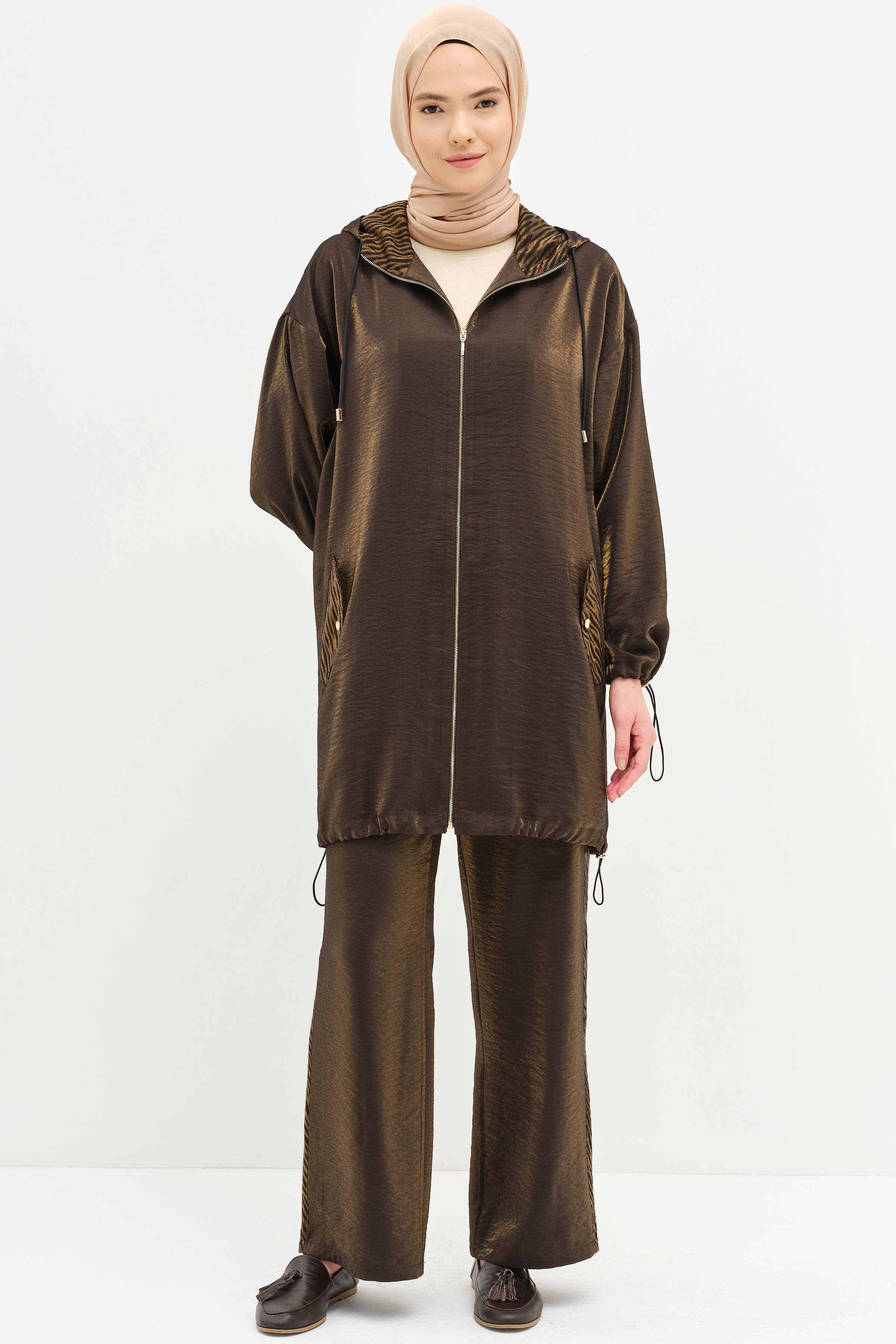 Garnili Kapüşonlu Lastikli Takım - Kahve TUGBA