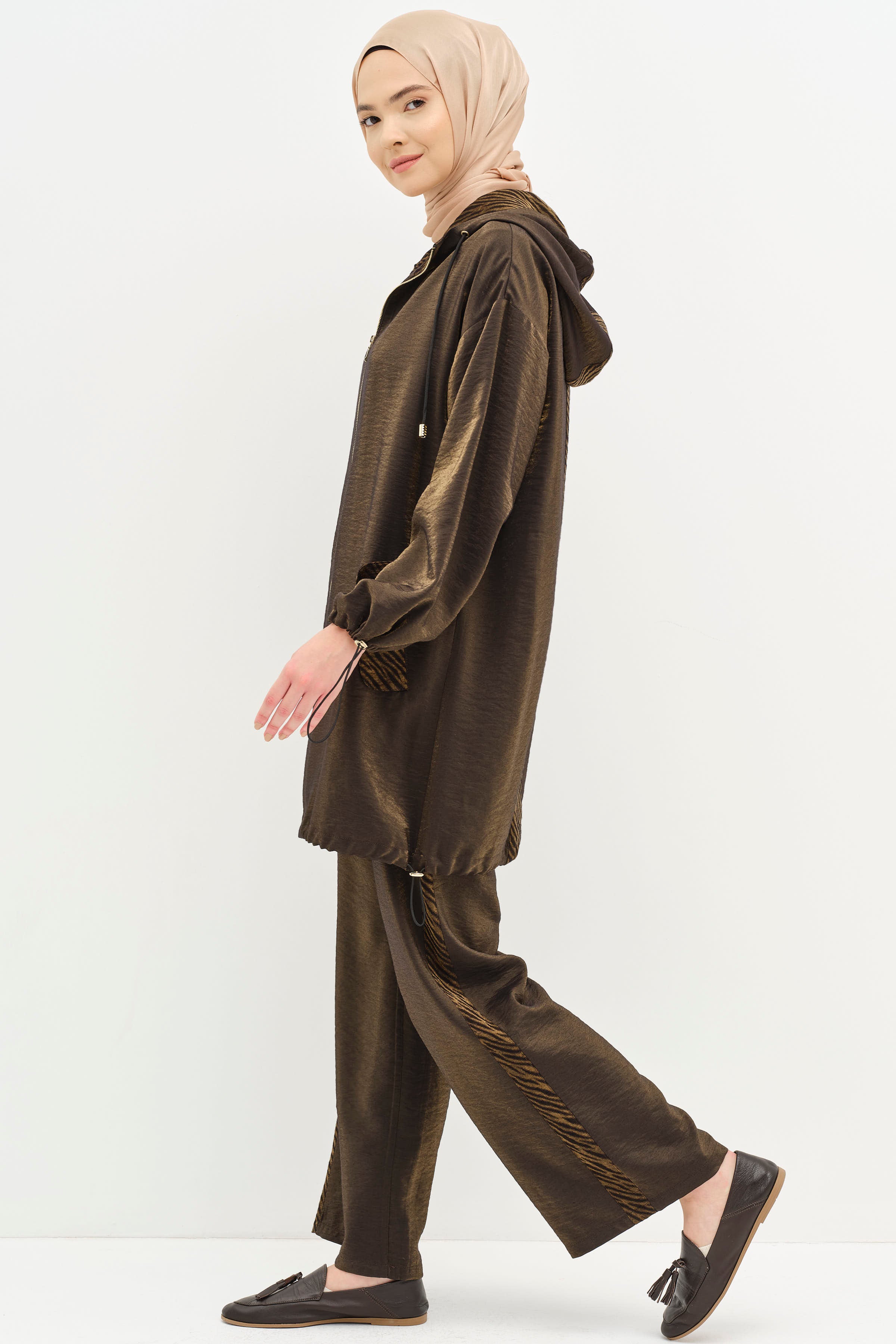 Garnili Kapüşonlu Lastikli Takım - Kahve TUGBA