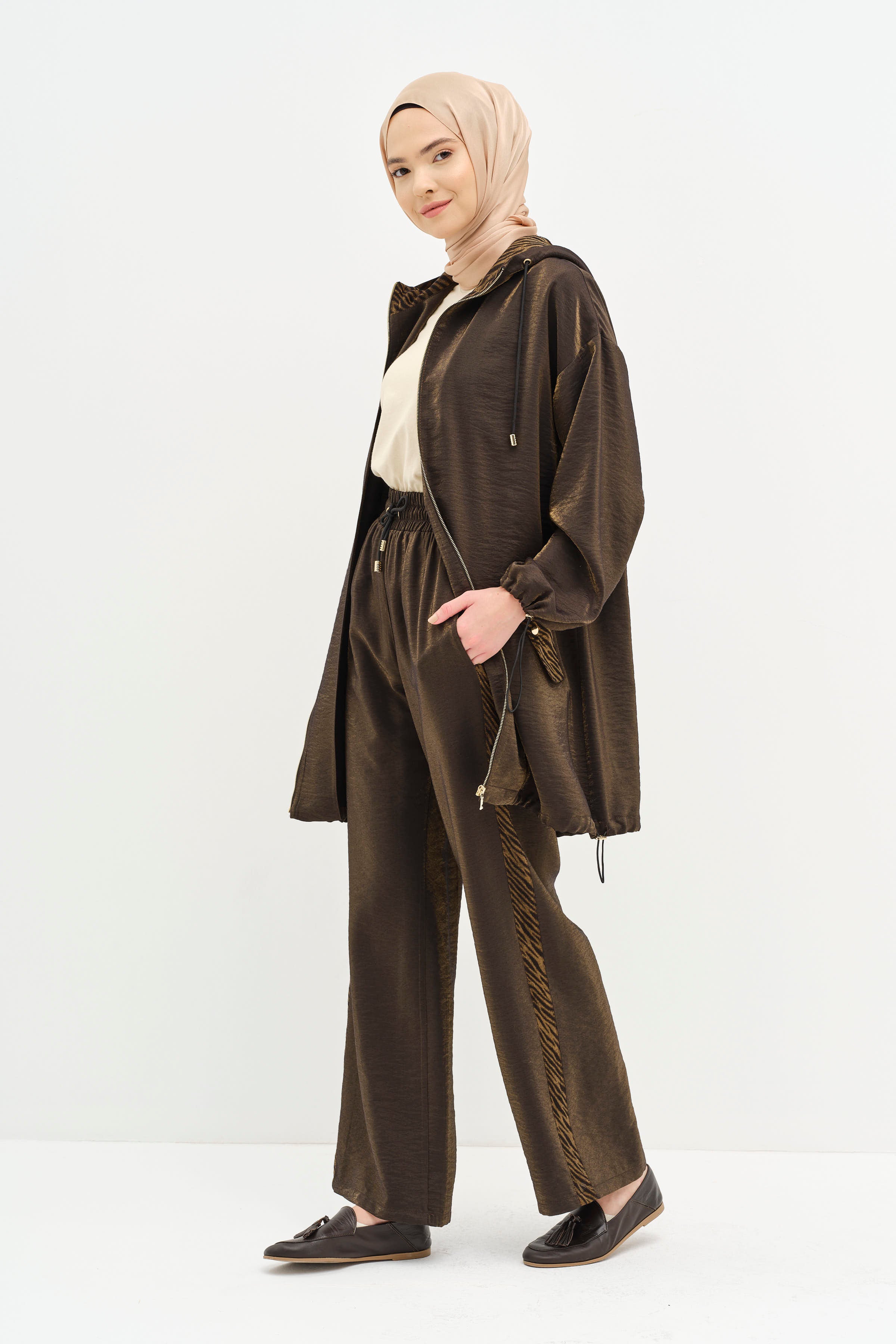 Garnili Kapüşonlu Lastikli Takım - Kahve TUGBA