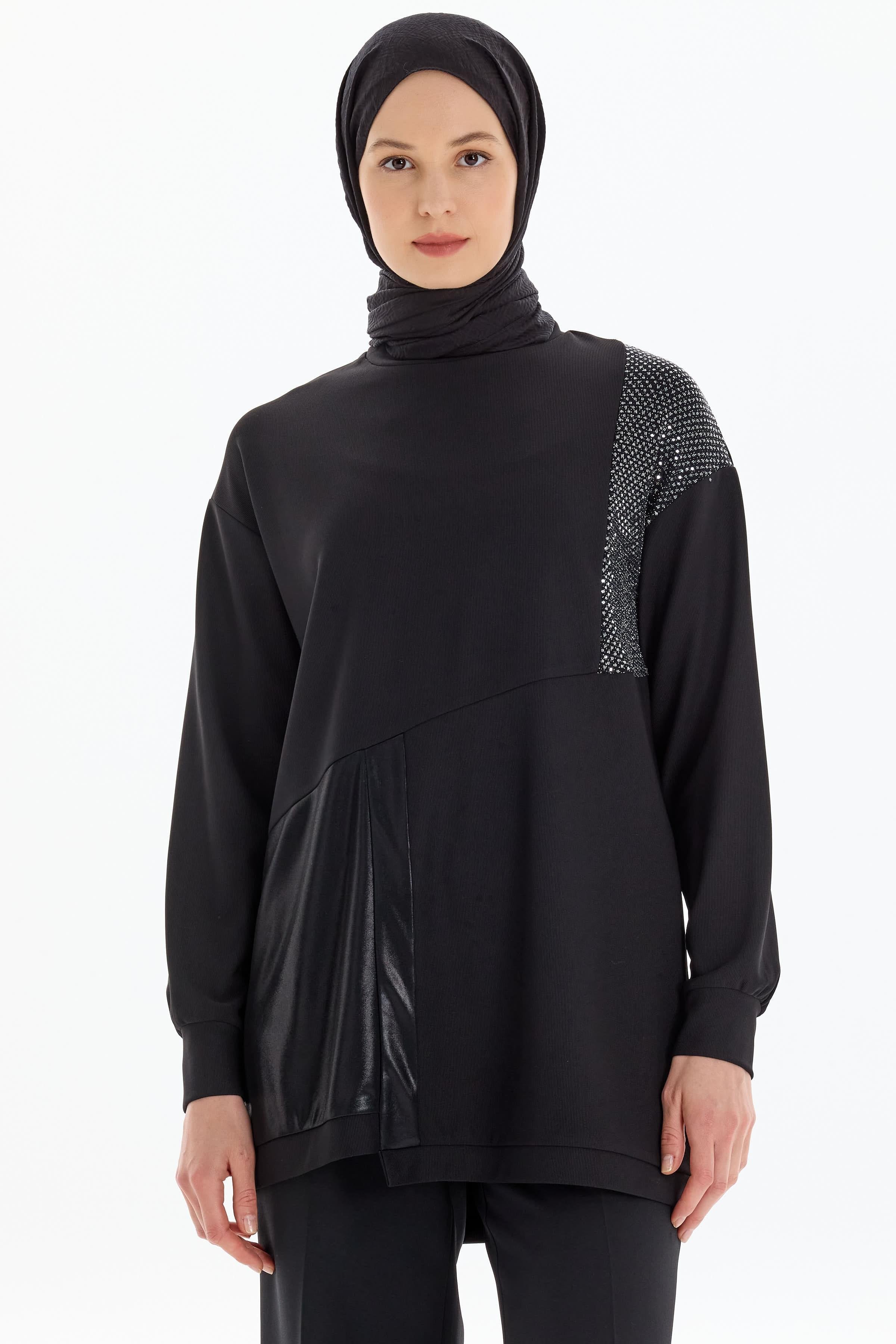 Garnili Kesik Detaylı Örme Tunik - Siyah TUGBA