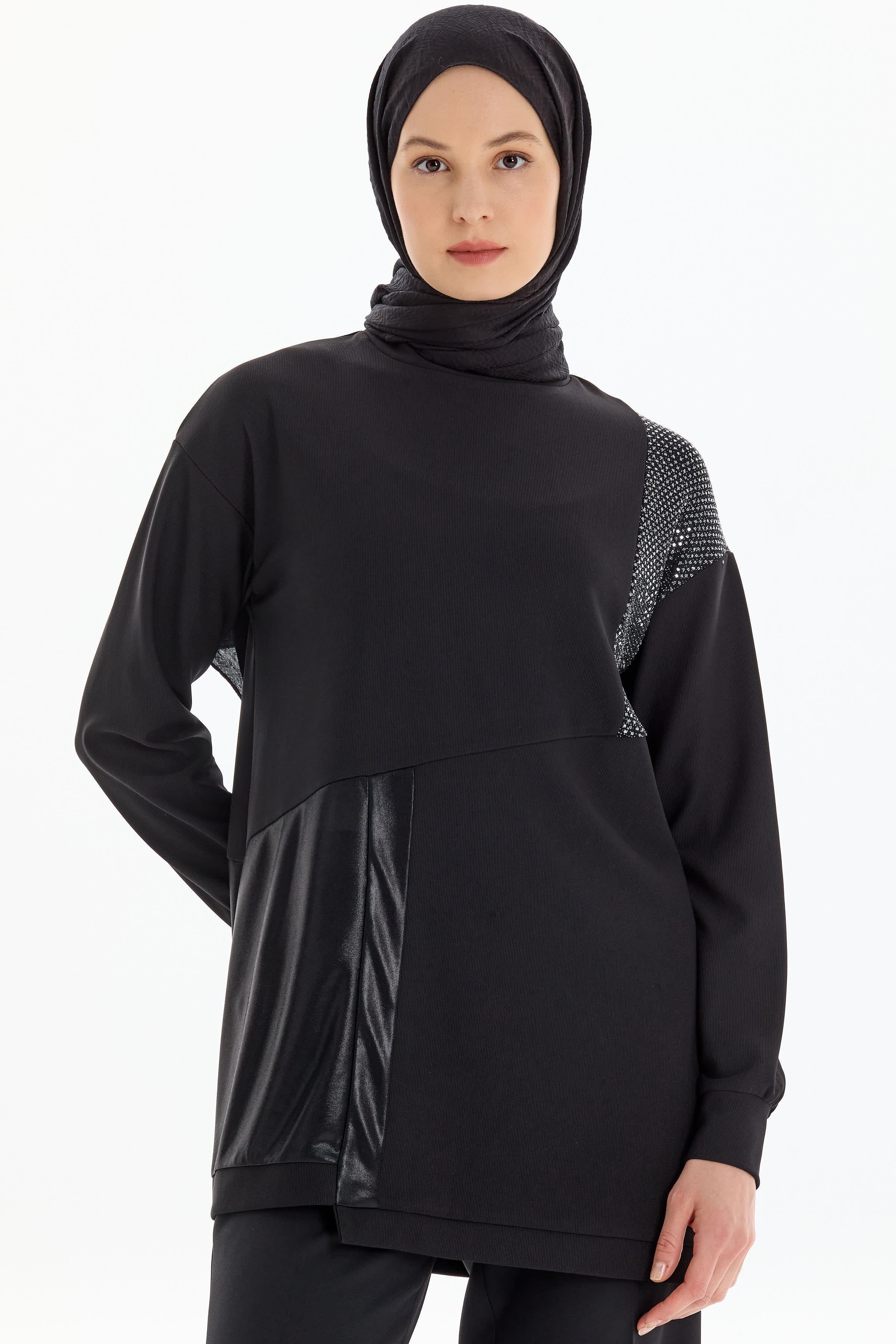 Garnili Kesik Detaylı Örme Tunik - Siyah TUGBA