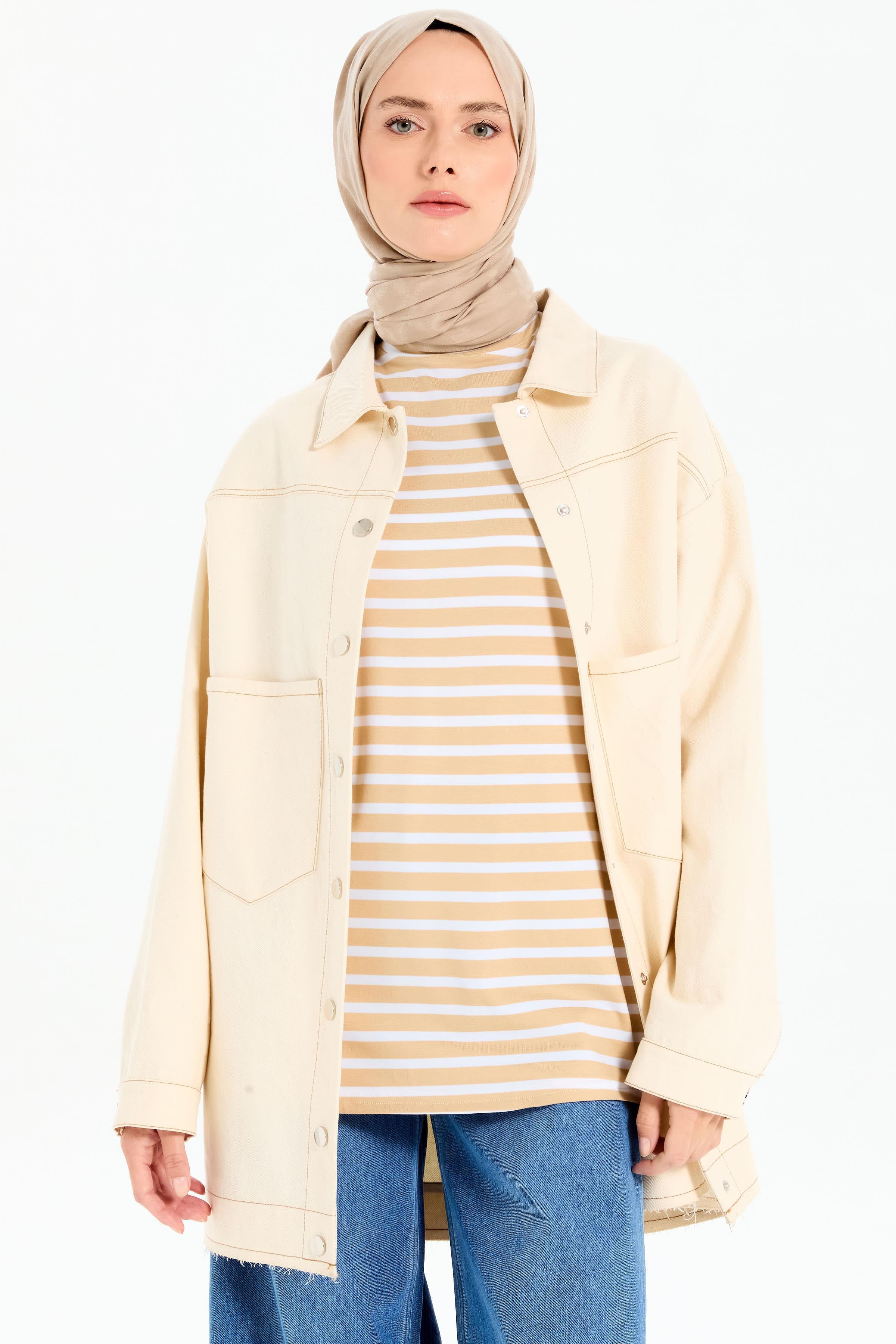 Garnili Kısa Kollu Çizgili Örme Tişört - Bej - Ekru TUGBA