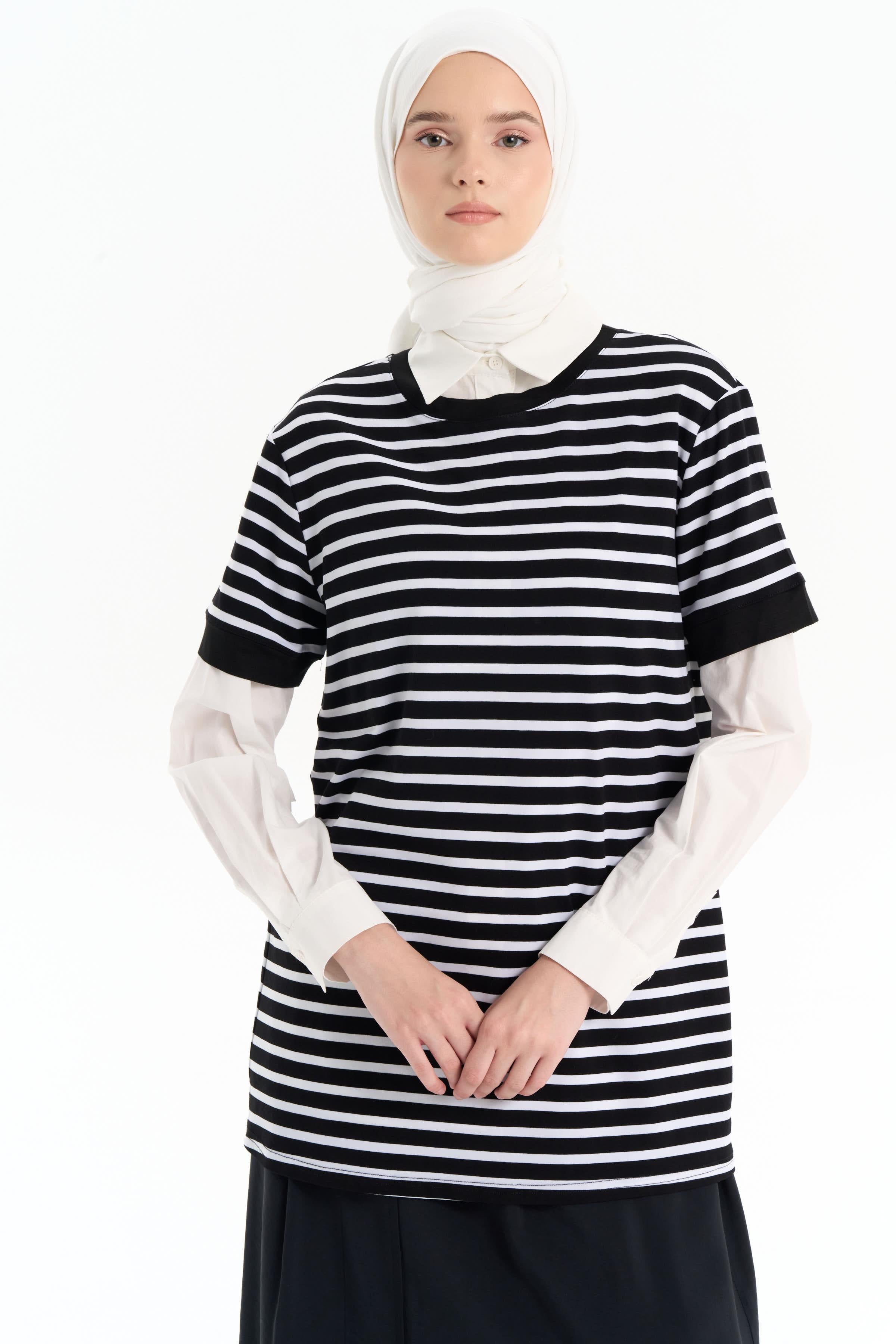 Garnili Kısa Kollu Çizgili Örme Tişört - Siyah - Ekru TUGBA